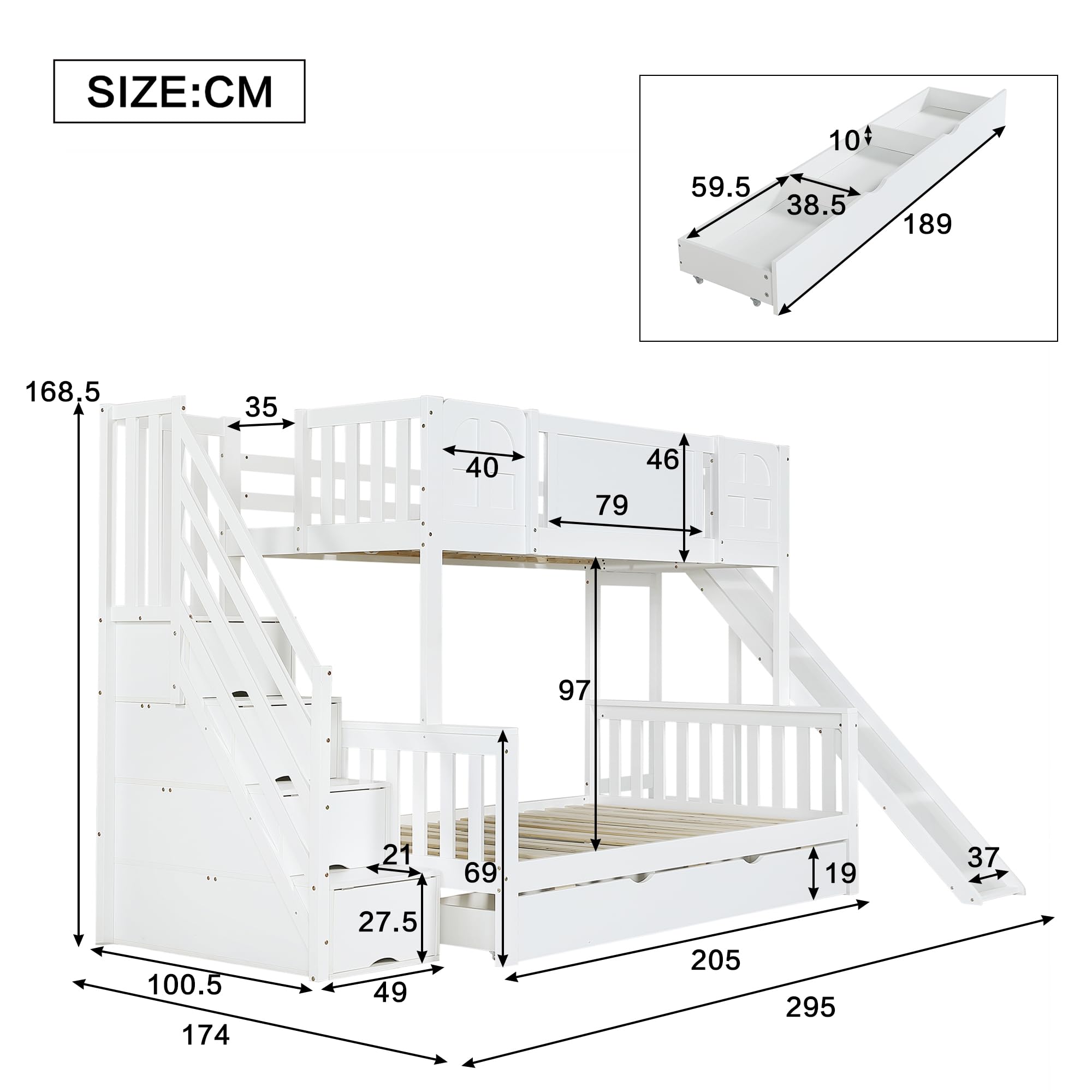 Kinderbett Etagenbett 90x200 cm&120x200 cm, Hochbett mit Kinderrutsche, Schubladen mit Rollen, Stauraum Treppen mit Handlauf, Bettgestell mit Lattenrost aus Holz und Rausfallschutz, Weiß