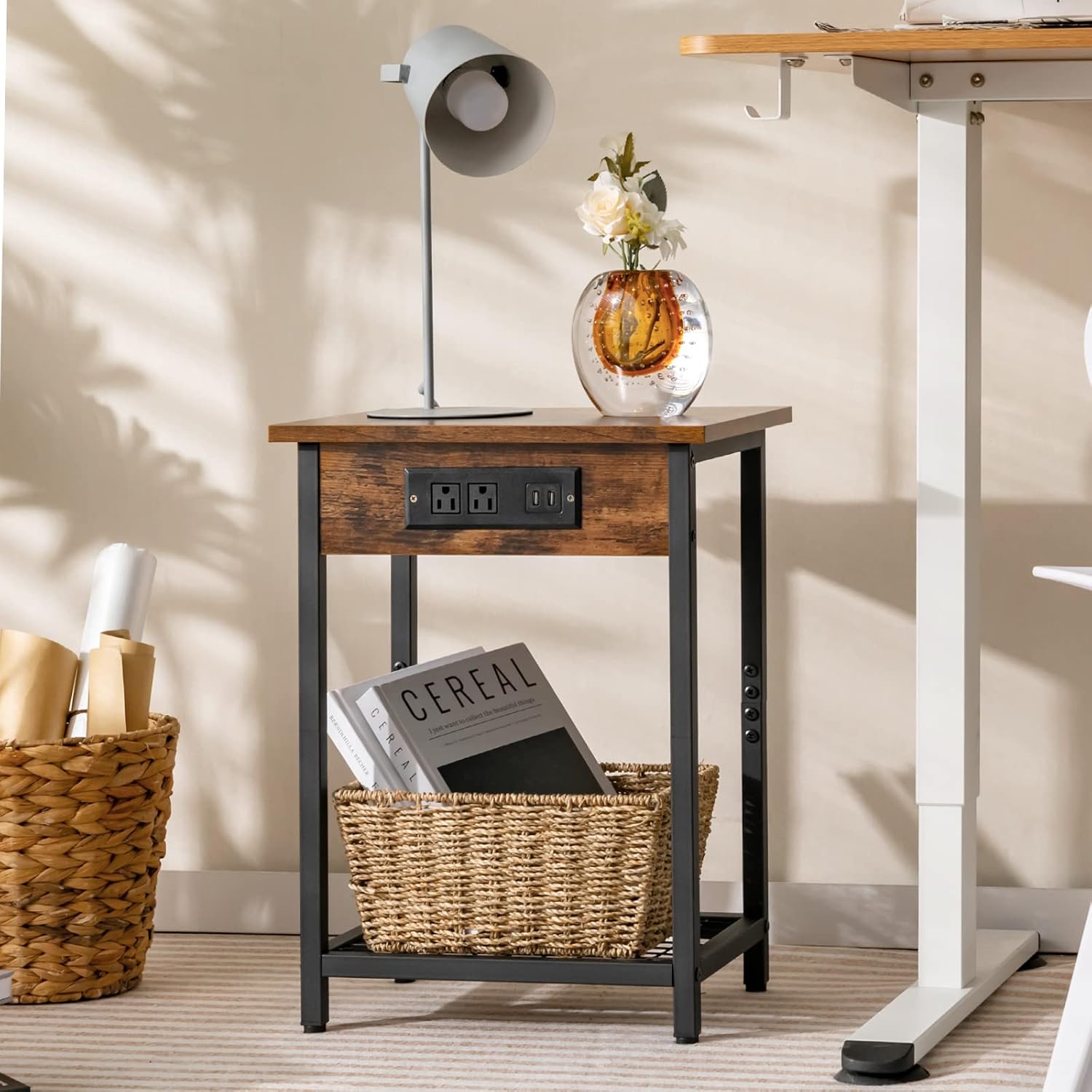 Rustic Brown Industrial End Tables with Charging Station, Set of 2