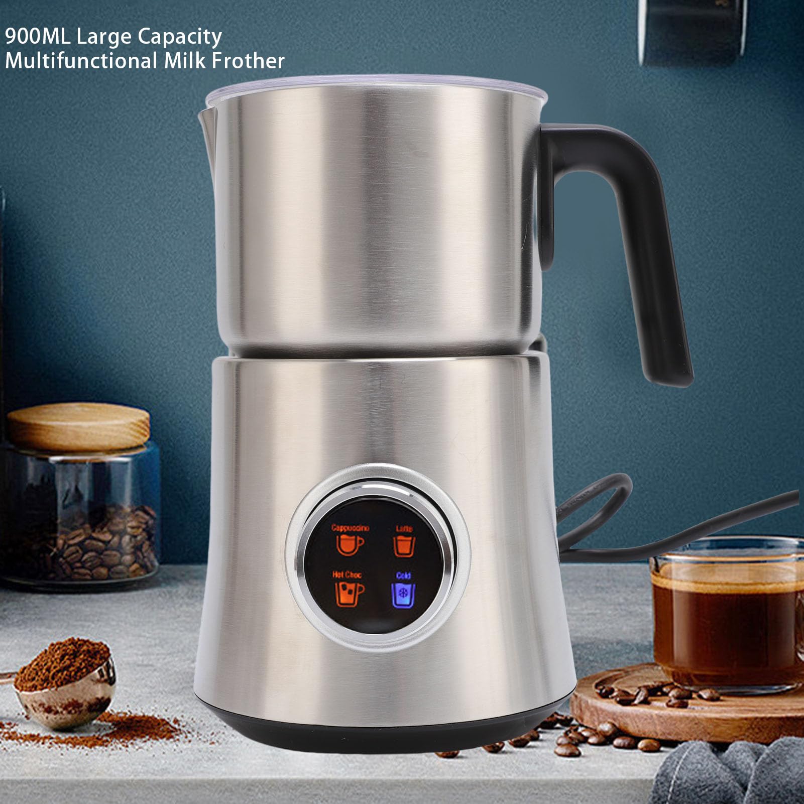 Pssopp 4 en 1 Batidor de Leche, 900ml Desmontable Acero Inoxidable Leche Calentador Jarra para café Latte Cappuccino Chocolate Caliente (EU enchufe 220-240V)