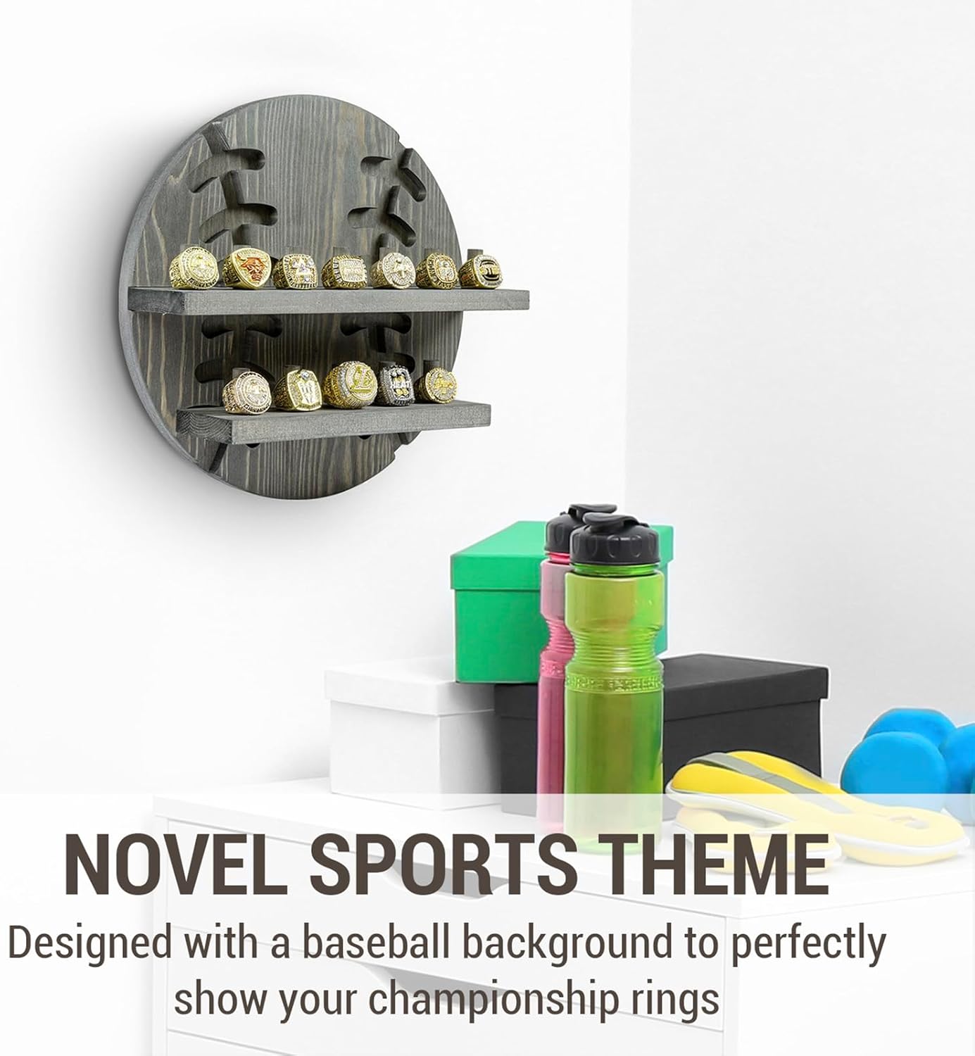 MyGift Wall Mounted 12-Peg Baseball Championship Ring Holder, Vintage Weathered Gray Solid Wood Shelf with Baseball Cutout Backing, Display & Storage for Professional League Replica Sports Fan Rings