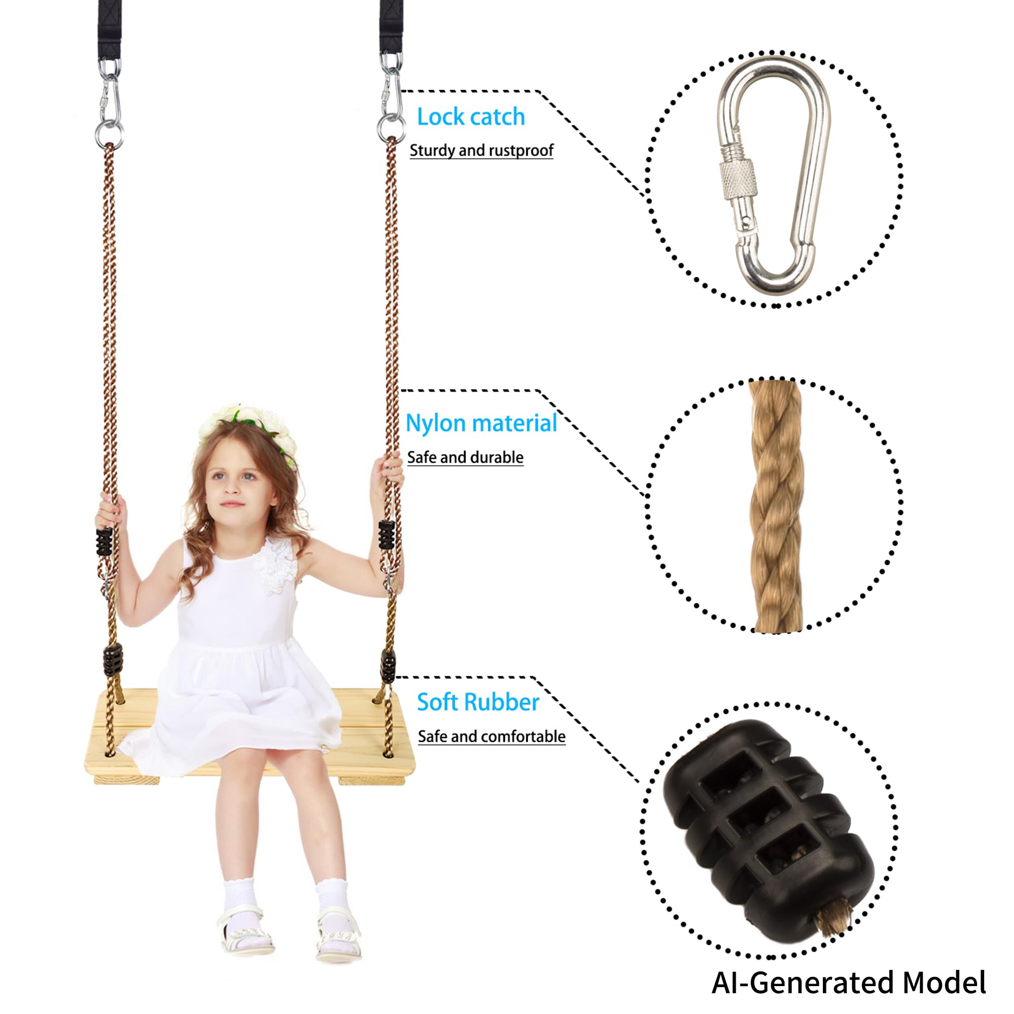 KINSPORY balançoire en Bois, balançoire pour Enfants | balançoire extérieure en bois avec corde de chanvre réglable – pour l'intérieur et l'extérieur, charge maximale de 130 kg