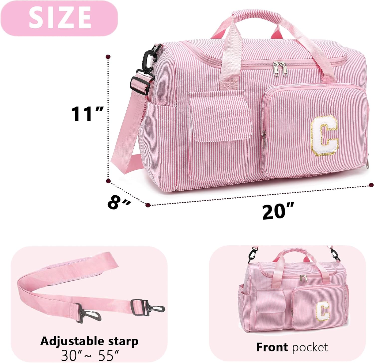 Kids Travel Duffle Bag Dance Bag Gifts for Girls Initial Gym Bag with Shoes Compartment for Women Lightweight Weekender Bags Pink-C