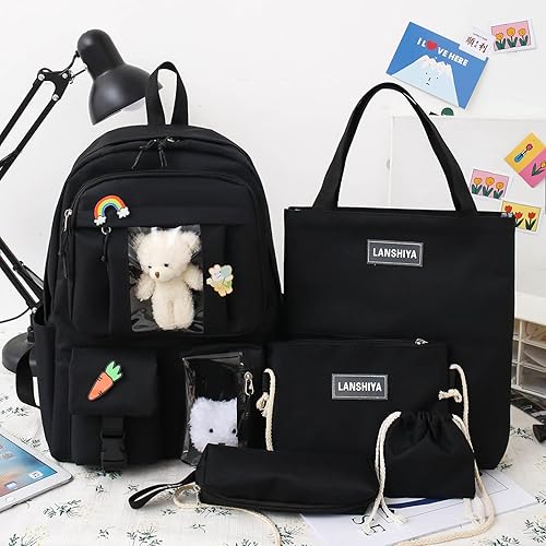 Miniatura 7 de Juego de 5 mochilas kawaii para niñas con bonitos accesorios de oso, suministros escolares, bolsas para bolígrafos, bolsa de hombro, 02-Negro