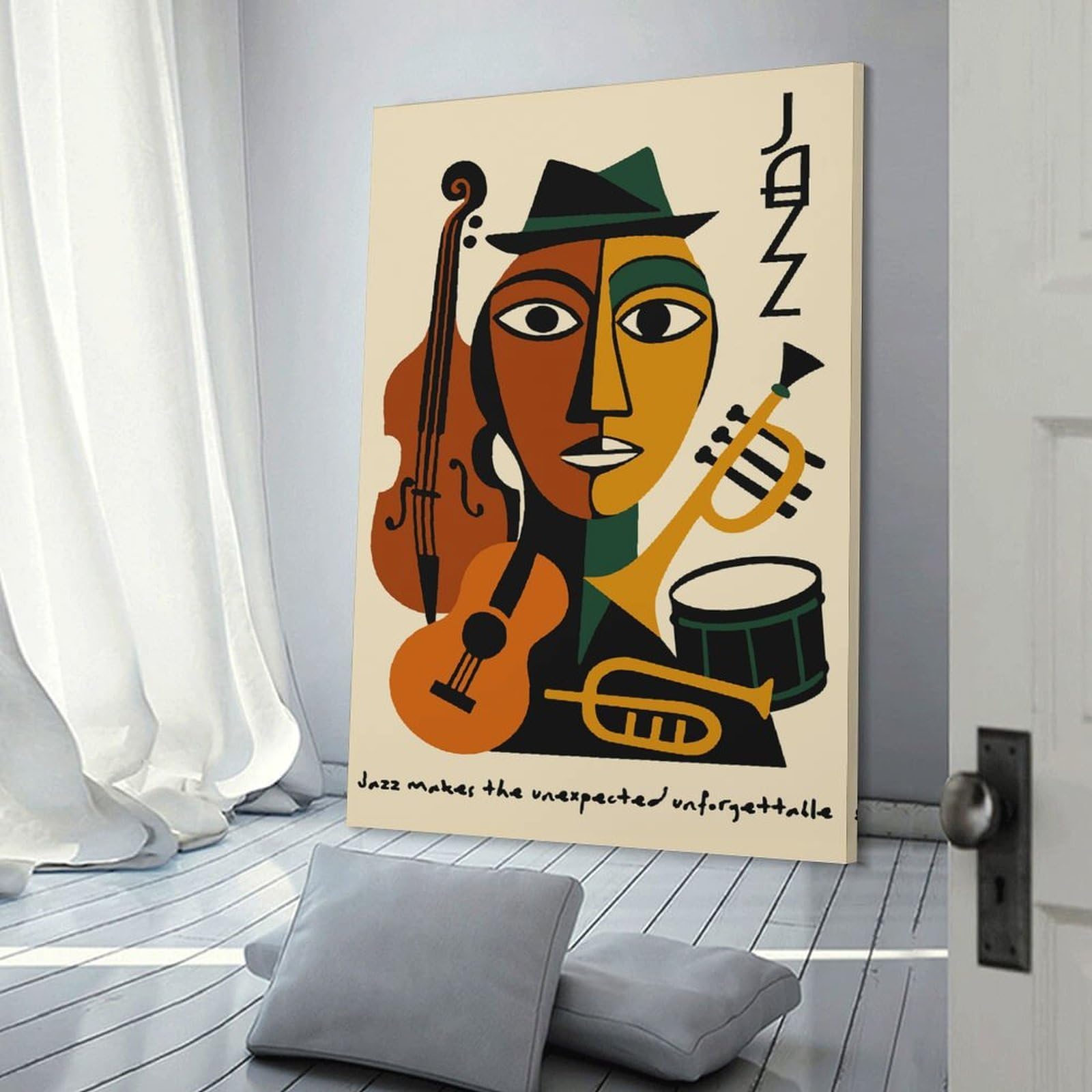 Junmoney Abstract Jazz Musician with Instruments Home Decor Wall Art, 24x36inch(60x90cm), for Living Room, Bedroom Or Apartment Walls, Canvas Styling for A Polished Room Look