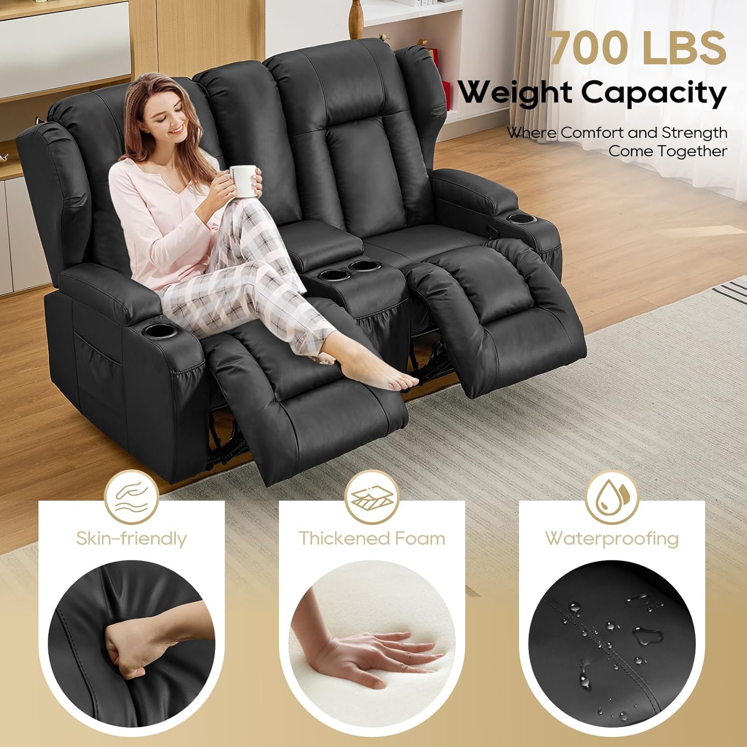IPKIG 65" Loveseat Recliner Sofa - 2 Seater Reclining Sofa with Storge Console, Side Pockets, Cup Holders and Lumbar Pillows, Manual Recliner Chair (Black, 65" Loveseat)