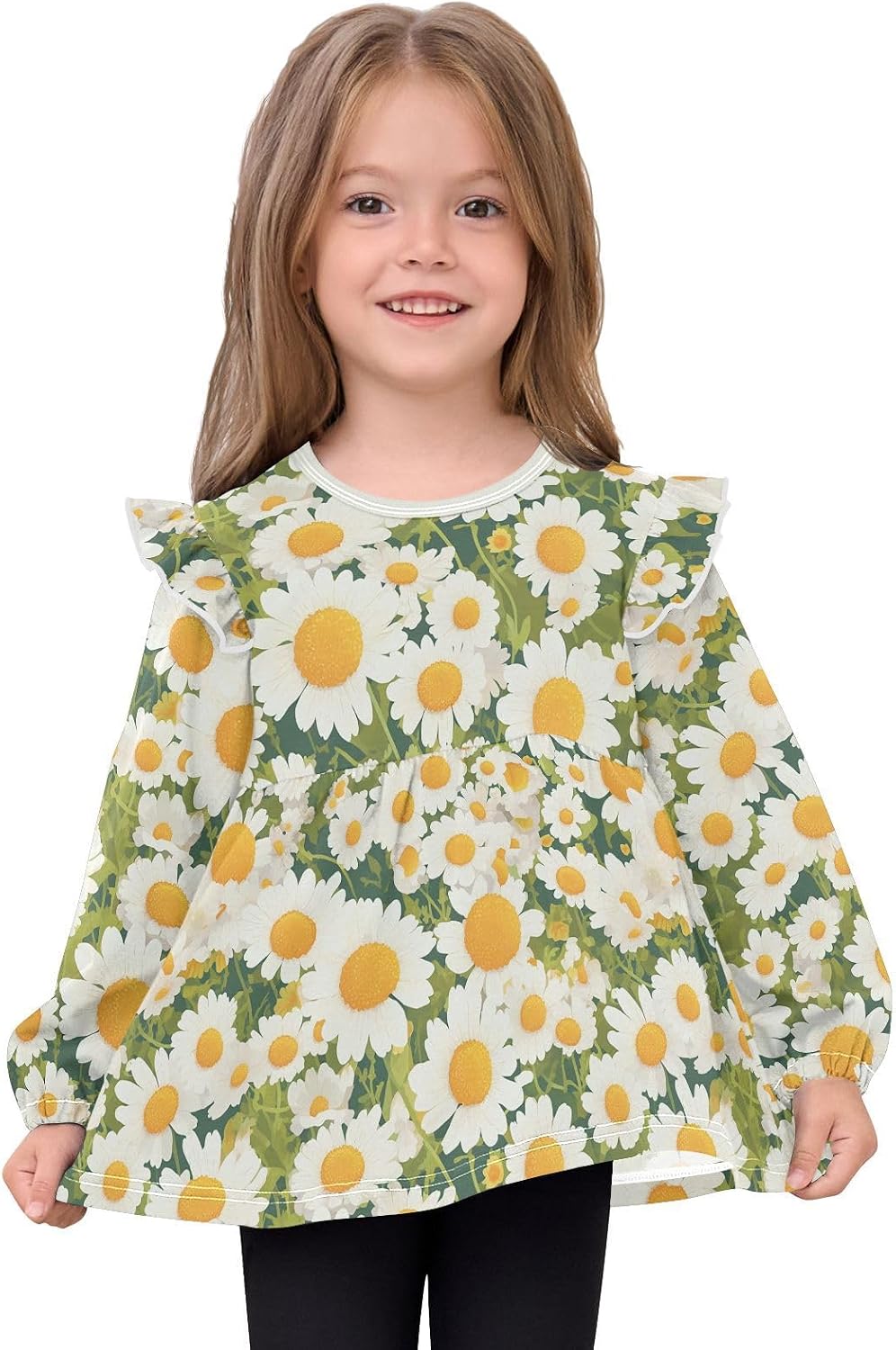 visesunny Toddler Clothes for Girls Chamomile Flower Pattern Long Sleeve Fall Shirts Cotton Top with Ruffle Collar