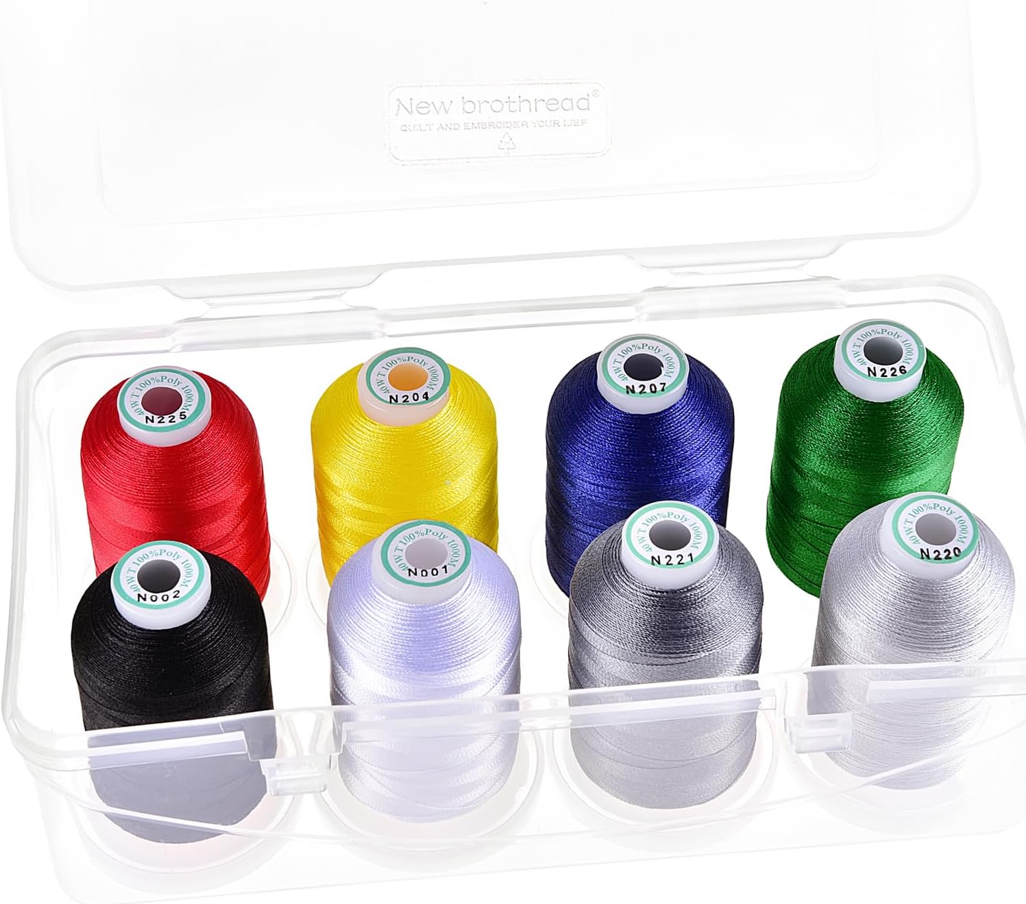 New brothread - 20 Options - 8 Snap Spools of 1000m Each Polyester Embroidery Machine Thread with Clear Plastic Storage Box for Embroidery & Quilting - Basic Color