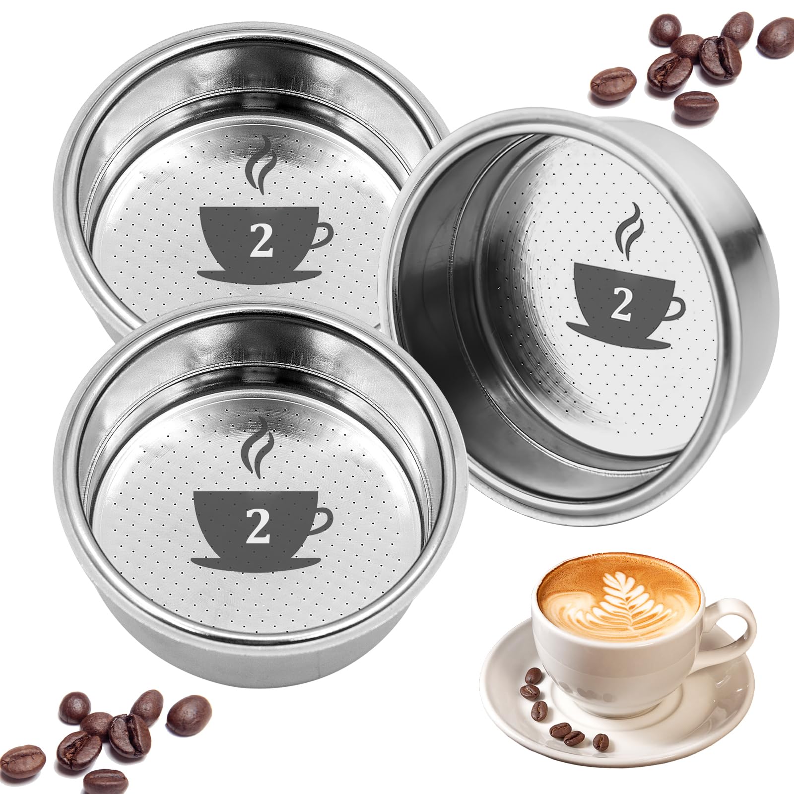 Scettar 3 Piezas 51mm 2 Tazas Filtro de Café de Acero Inoxidable Filtros Cafetera Especial Espresso Compatibles con Cafeteras Cecotec Ufesa Breville (Presurizado)