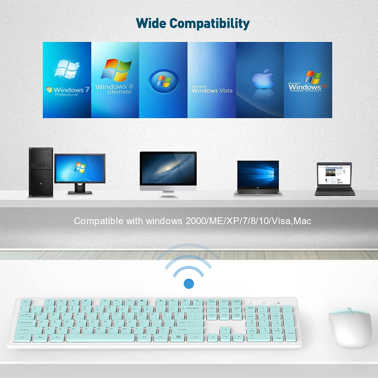 RATEL Wireless Keyboard Mouse Combo, 2.4GHz Slim Full-Sized Silent Wireless Keyboard and Mouse Combo with USB Nano Receiver for Laptop, PC (Green)