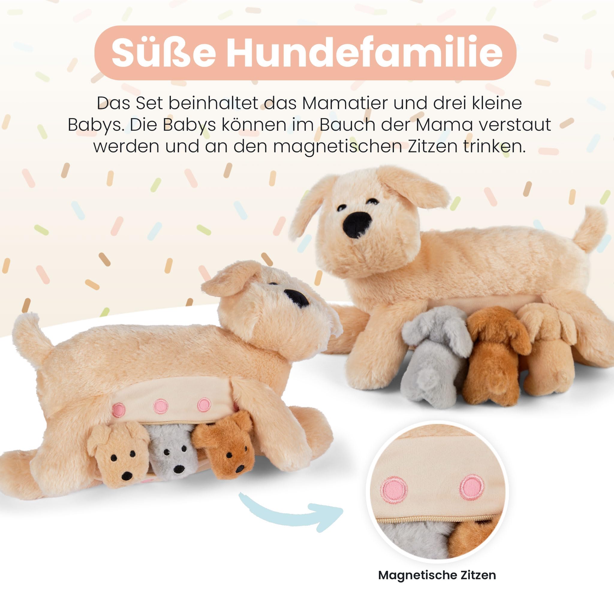 Peluche per cani con 3 cuccioli, per bambini in addome con chiusura lampo, per mammiferi, set di peluche di alta qualità per bambini, regalo per bambini