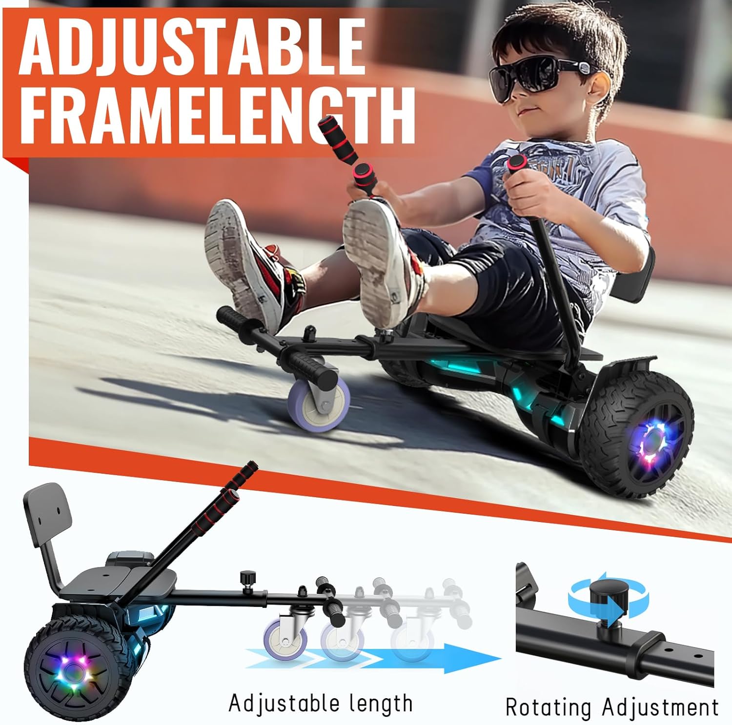 Scooter with Seat Attachment for Kids Adults, 6.5'' 8.5''Balancing Scooter with Bluetooth Speakers & Colorful LED Light with kart