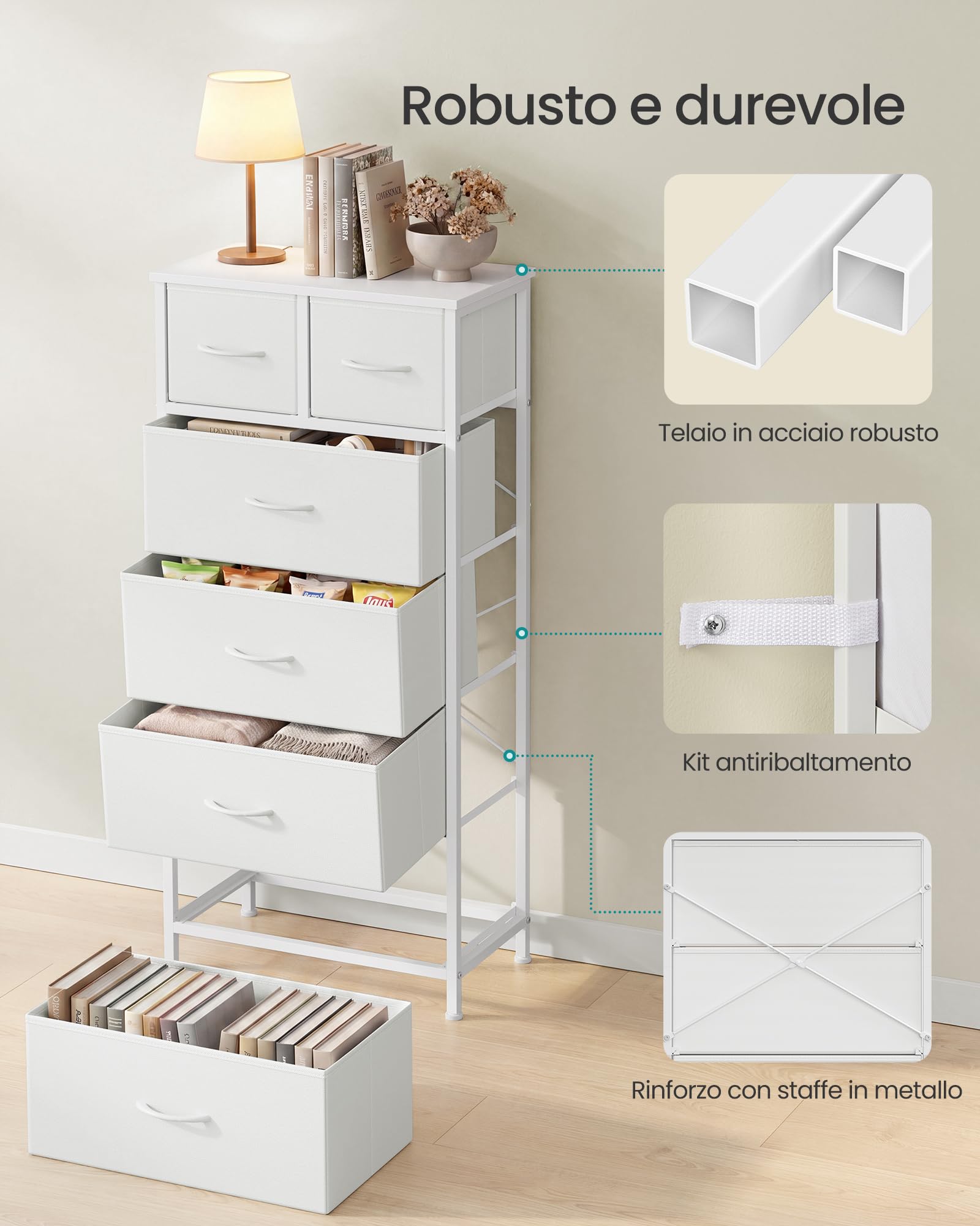 SONGMICS Cassettiera, Mobiletto con 6 Cassetti in Tessuto, Organizer per Armadio, Struttura in Acciaio, 50,6 x 30 x 117,7 cm, per Camera da Letto, Bianco Neve, Collezione BELLAH LGS541W101