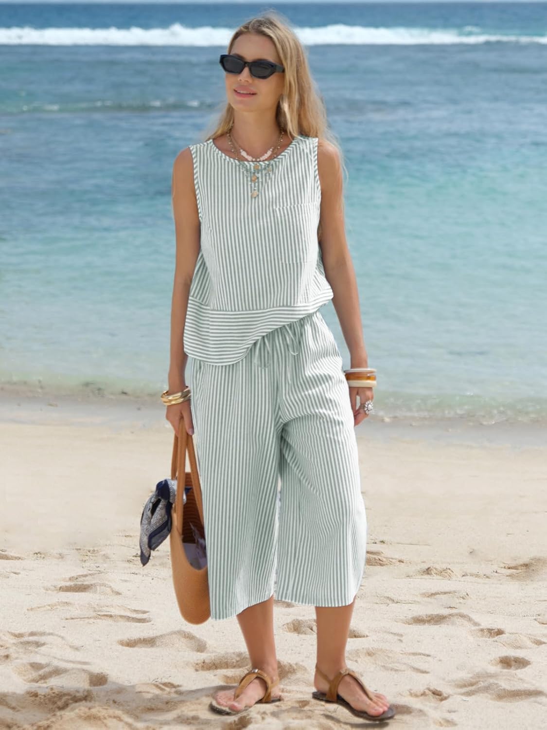 EXLURA Womens Summer 100% Cotton 2 Piece Outfits Striped Sleeveless Top Capri Wide Leg Pants Sets Faux Linen Beach Vacation - Image 4