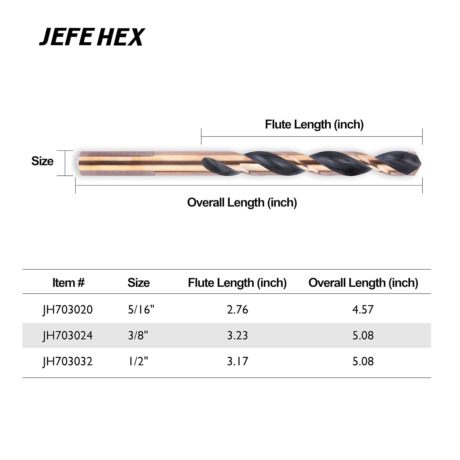 JEFE HEX 5/16-Inch High Speed Steel with 3-Flat Shanks, Black & Gold Finished, Jobber Length Twist Drill Bit, 135 Degree Split Point (2-Piece)