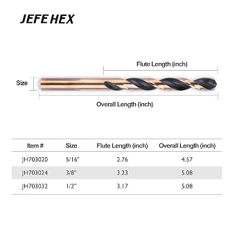 JEFE HEX 1/2 Dia. 5 OAL HSS Twist Drill Bit, General Purpose, 3-Flat Shank, Black and Gold Finished, 135 Degree Split Point, Ideal for Steel/Wood/Copper/Aluminum/Zinc Alloy/Plastic. (2-Piece)