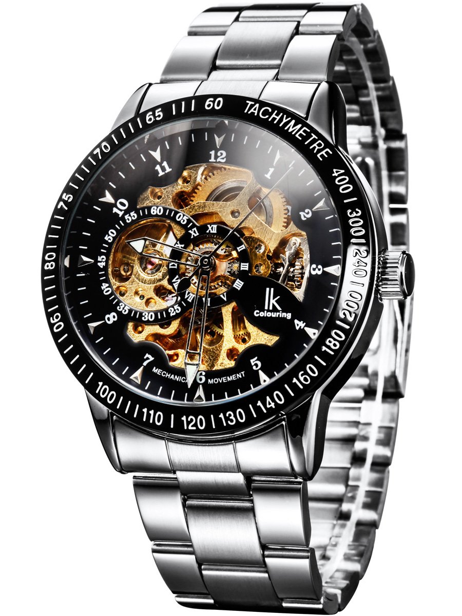 Alienwork IK Reloj Automático Hombre Mujer Plateado Pulsera de Metal Acero Negro Esqueleto Fondo de Vidrio