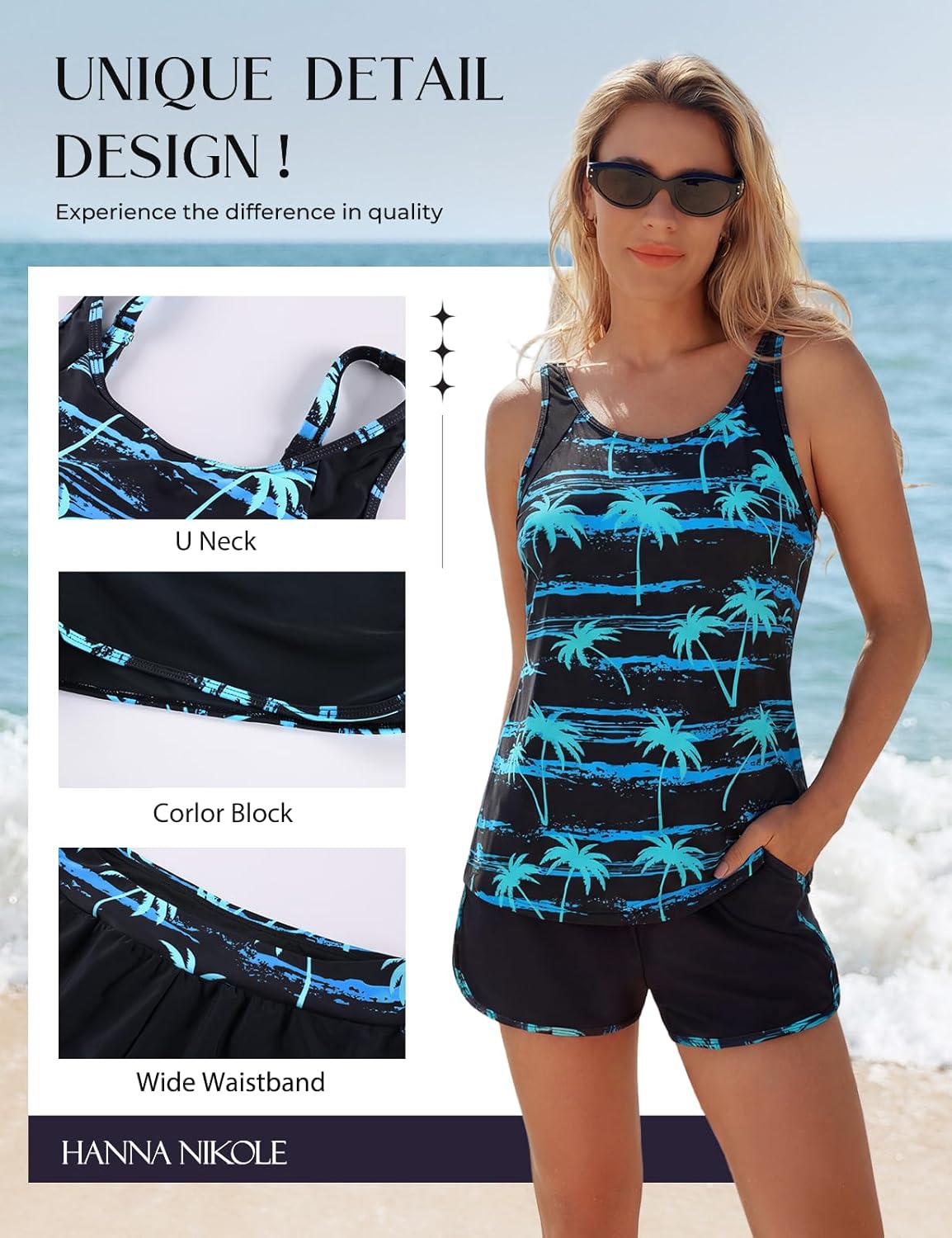 Hanna Nikole Women's Tankini Swimsuits Two Piece Tummy Control Bathing Suit with Athletic Pockets Swim Shorts Swimwear