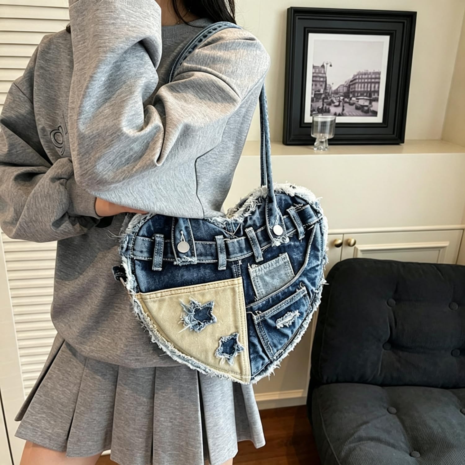 Borsa A Spalla Da Donna In Denim, Un'elegante Borsa Mano Forma Cuore Dal Sapore Rétro,Caratterizzata Design Patchwork Denim;Borsa Tracolla Stile Y2K, Perfetta Diverse Occasioni Casual