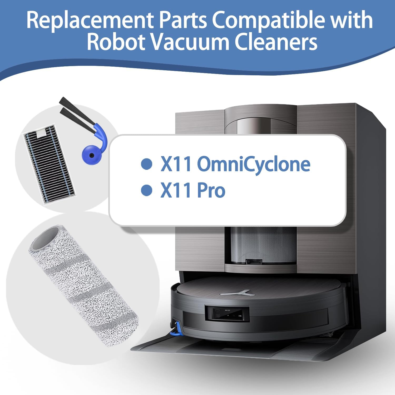 Replacement Accessories Kit Compatible with Ecovacs Deebot X11 OmniCyclone/X11 Pro Robot Vacuum Cleaner Parts 2 Main Brush 6 Roller Mop Cloth 6 HEPA Filter 6 Side Brush