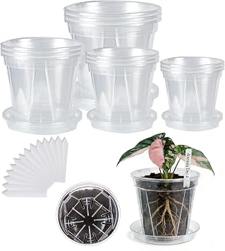 12-Pack Thick Clear Nursery Pots with Saucers 4/5/5.5/6.3 Inch Transparent Plastic Plant Pots with Drainage Holes & 12 Labels, Assorted Sizes for Seed Starting, Succulents, Indoor Outdoor Use