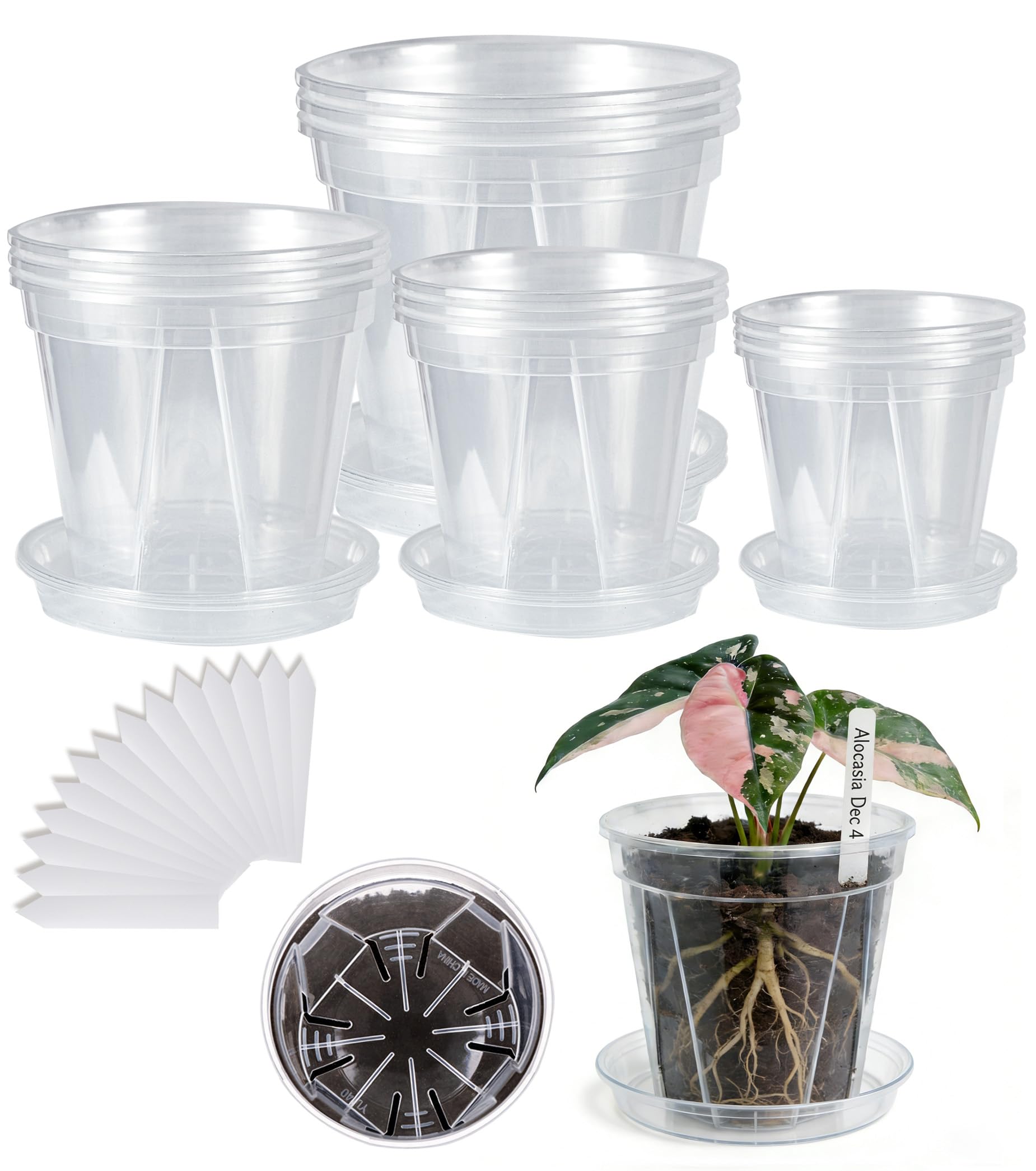 View 1 of 12-Pack Thick Clear Nursery Pots with Saucers (4/5/5.5/6.3 Inch) – Transparent Plastic Plant Pots with Drainage Holes & 12 Labels, Assorted Sizes for Seed Starting, Succulents, Indoor Outdoor Use