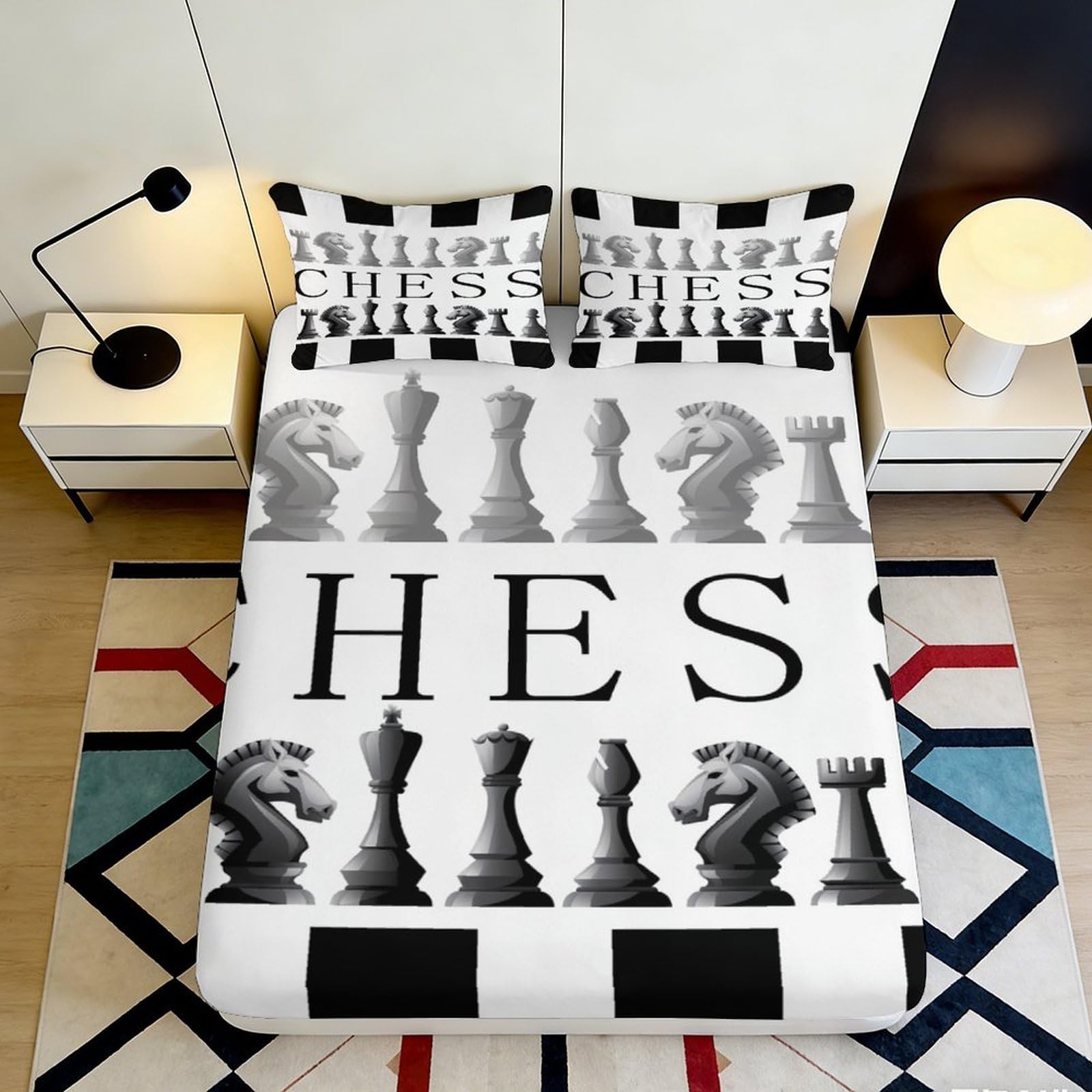 3D Printed Chess Game Fitted Sheet Microfiber Bedroom Decor Black White Board Pattern Mattress Cover for Home Dorm 90x200x25cm