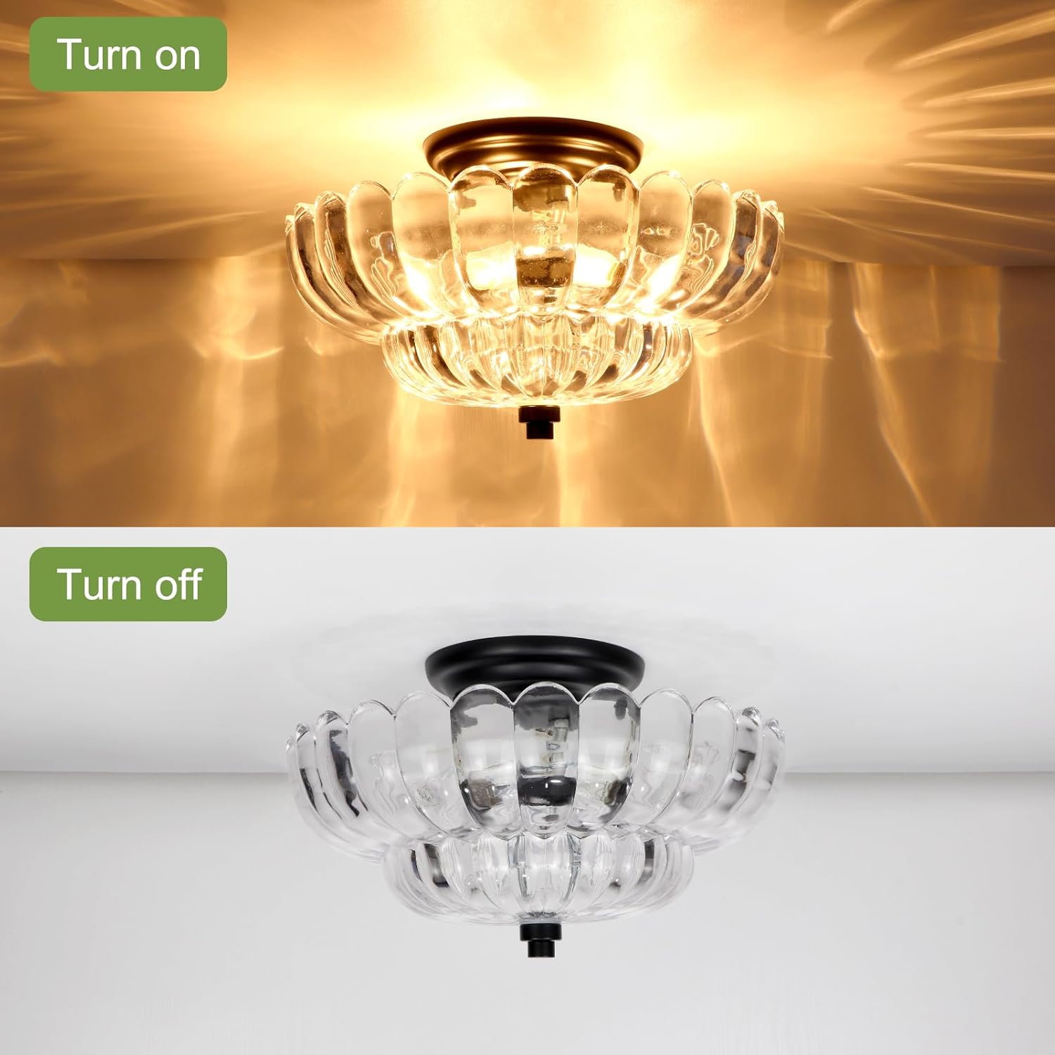 11.8-Inch Black Semi Flush Mount Ceiling Light, Modern 3-Light Clear Glass Chandelier Light Fixture for Bedroom Kitchen Bathroom Hallway Close to Ceiling Light