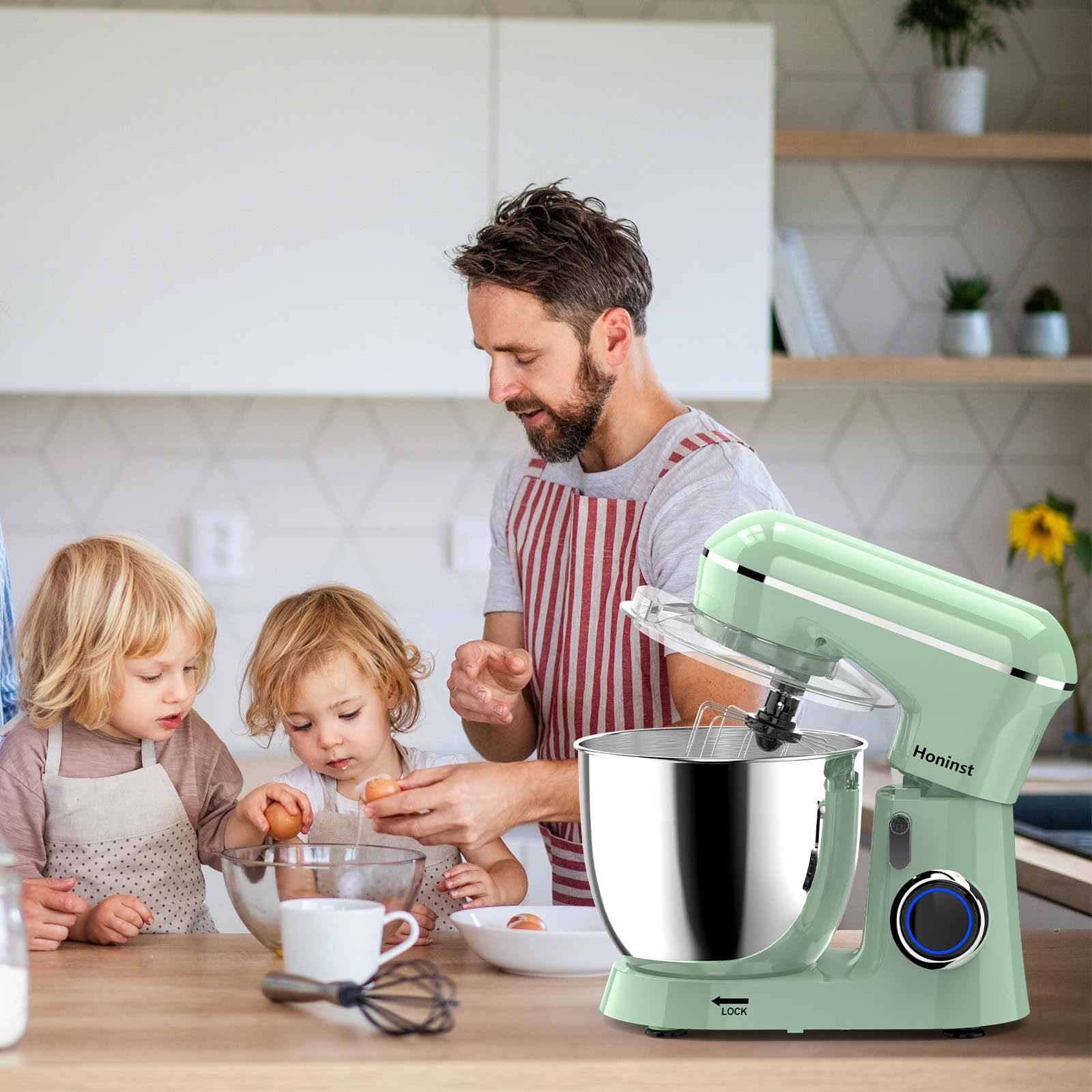 Honinst Küchenmaschine Knetmaschine, 10 P Stufen Teigknetmaschine, 1400W Teigmaschine, Rührmaschine mit 6.5L EdelstahlschüSsel, Schneebesen, Knethaken, Rührbesen & Spritzschutz zum Backen, Grün