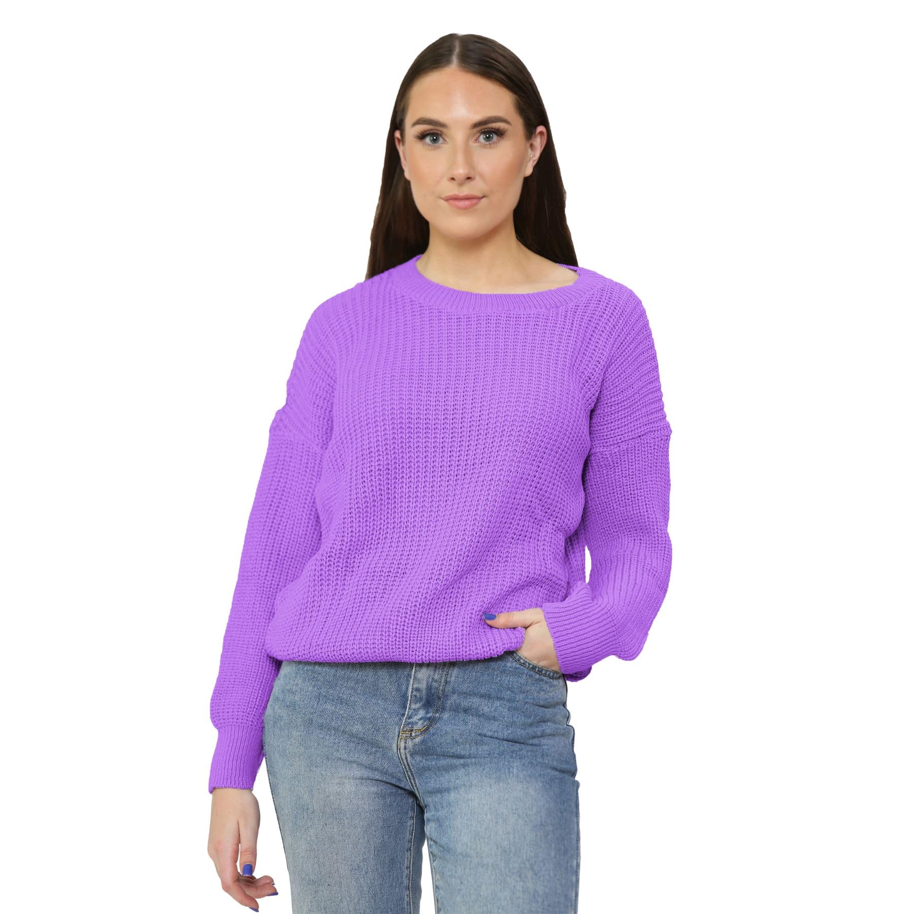 Hamishkane Women's Lilac Hamishkane® Long Sleeve Baggy Fisherman Sweater, Chunky Knitted Crew Neck Jumper, Lightweight Pull Over Chunky Sweater Winter Oversized Jumpers