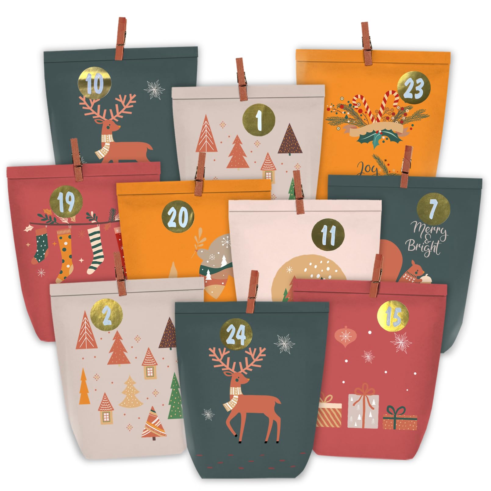 PANSIBY Adventskalender zum Befüllen, 24 Weihnachtskalender Geschenktüten zum Selber Basteln, Papiertüten mit Aufklebern zum Selbst Füllen, Kraftpapiertüten Boho Advents Selbstbefüllen