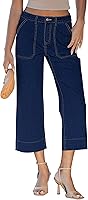 Vetinee Women's Wide Leg Capri Jeans High Waisted Stretchy Patch Pocket Cropped Capris Summer Pants