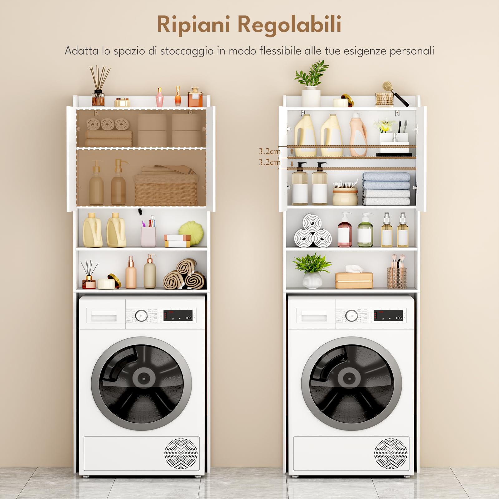 BEWISHOME Mobile per Lavatrice,Mobile Alto da Bagno da Installare Sopra Lavatrice,WC o Asciugatrice,con 2 Ante,2 Vani Aperti,Ripiani Regolabili,Mobile da Bagno salvaspazio,185×65×24 cm,Bianco EYYG19W