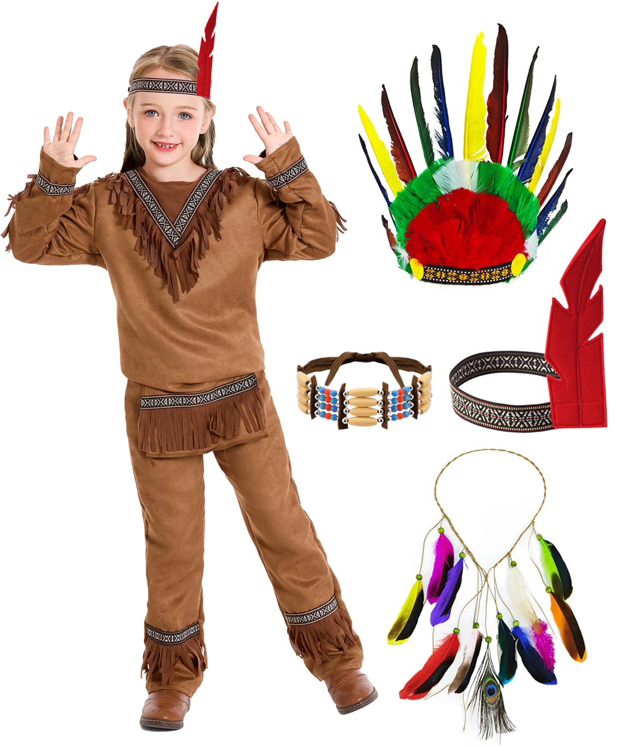 Costume da indiano per bambini e bambine, con accessori per carnevale, costume da indiano, per bambini, cosplay con copricapo, collana girocollo per Halloween