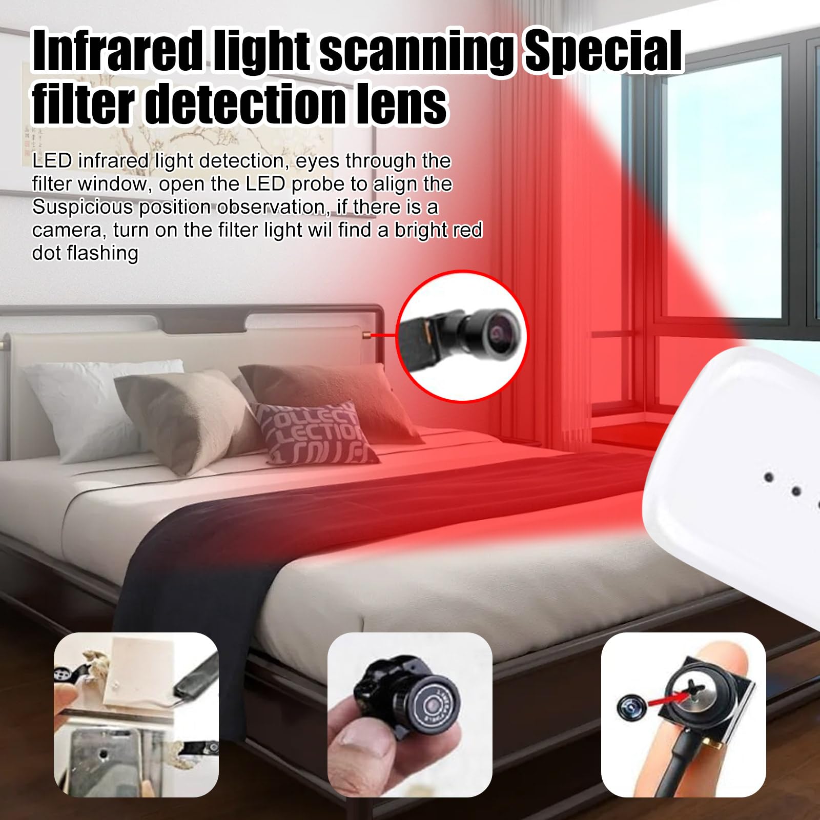 Détecteur de Caméra Cachée Anti-Espion Infrarouge Sans Fil, Détecteur GPS,Équipement Anti-Écoute Adapté aux Hôtels, Maisons de Location, Vestiaires,Voitures,Utilisation Intérieure,Alarmes sonores