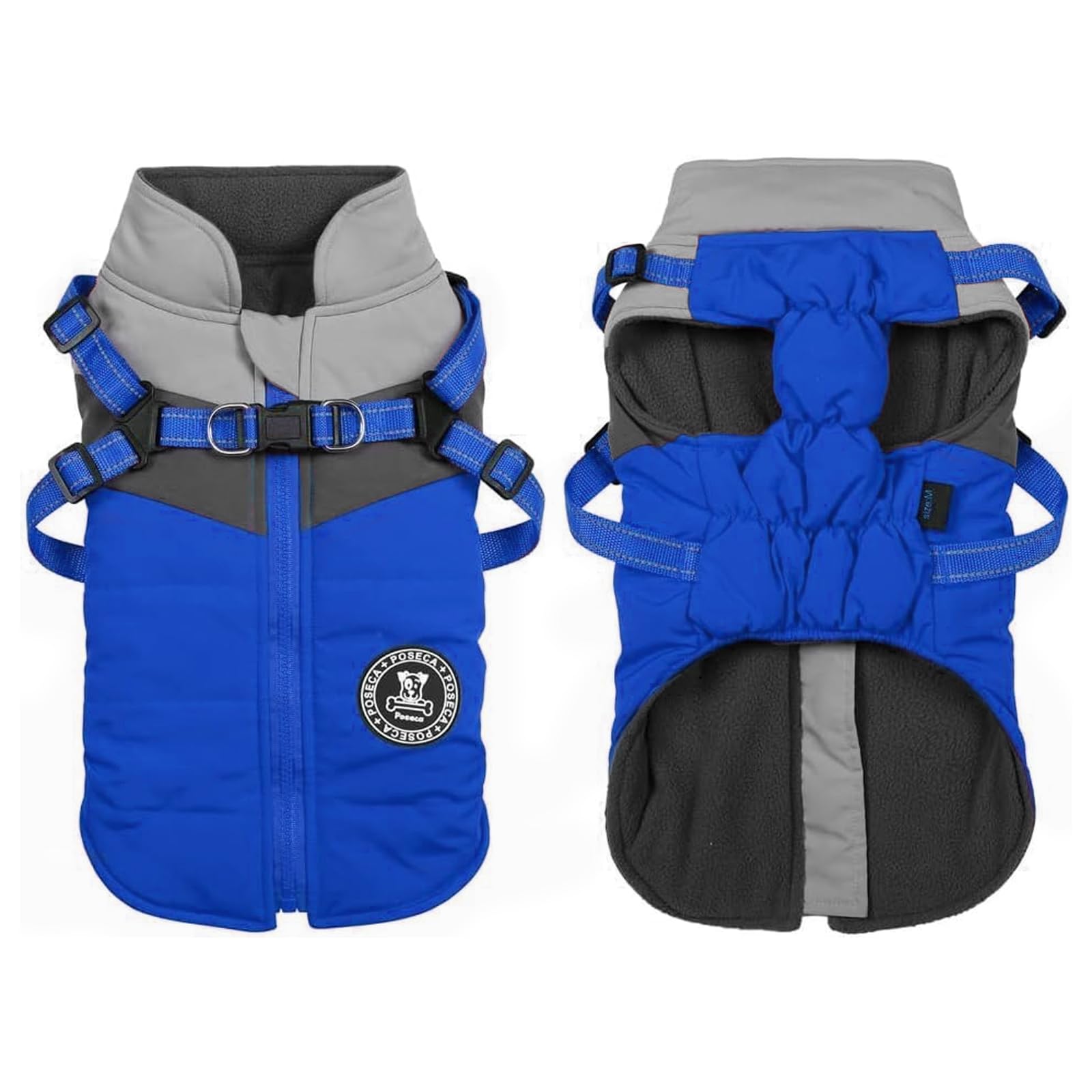 Poseca Dog Coat with Built-in Harness | 3-in-1 Waterproof Winter Jacket & Raincoat | Reflective Warm Puppy Clothes for Small Medium Dogs | Outdoor Walking (Blue, XS)