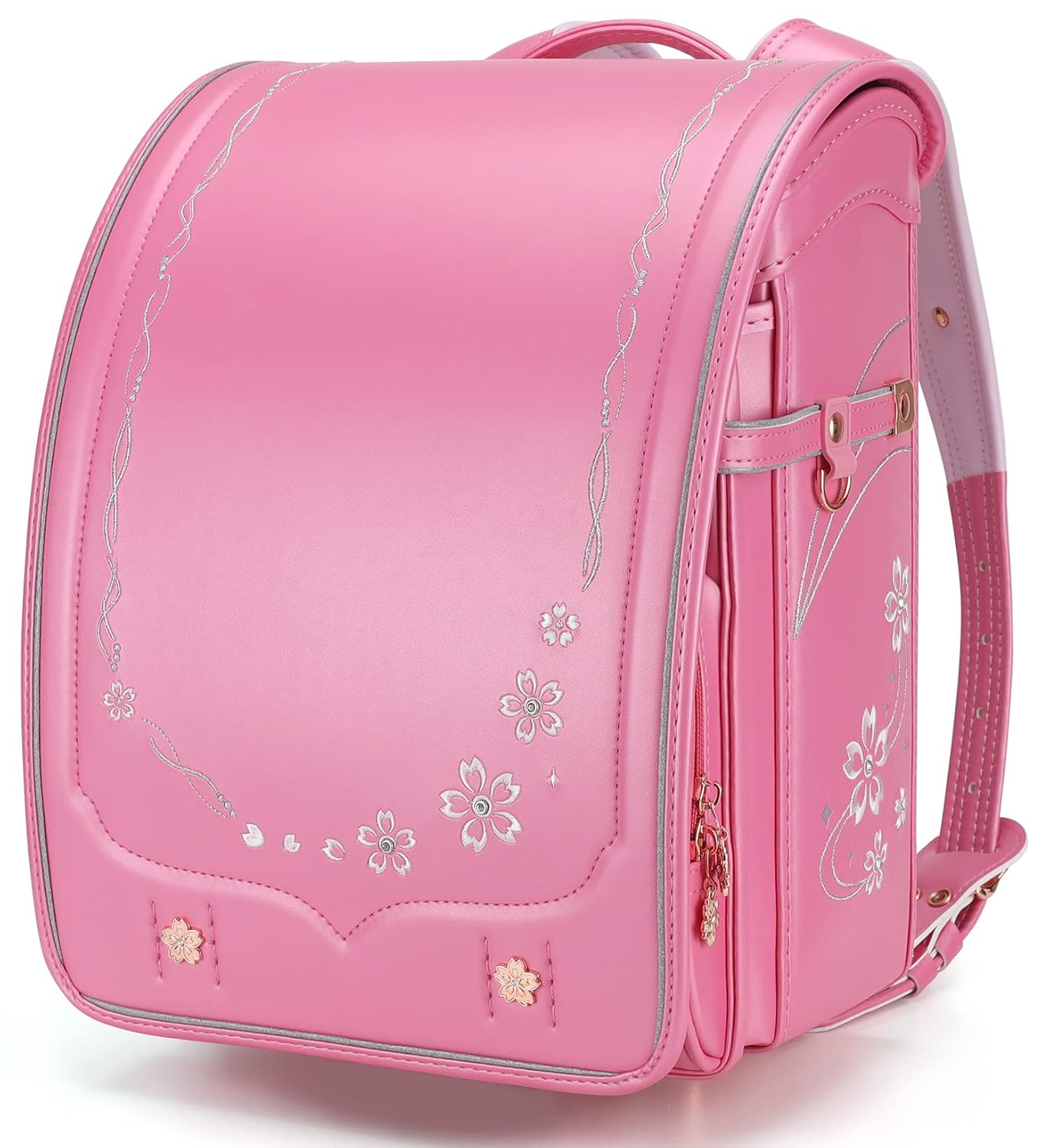 IwaiLoft Ransel Randoseru Backpack Automatic Satchel Japanese School Bag Cherry Blossom Sakura Embroidery PU Bookbag for Girls Pink