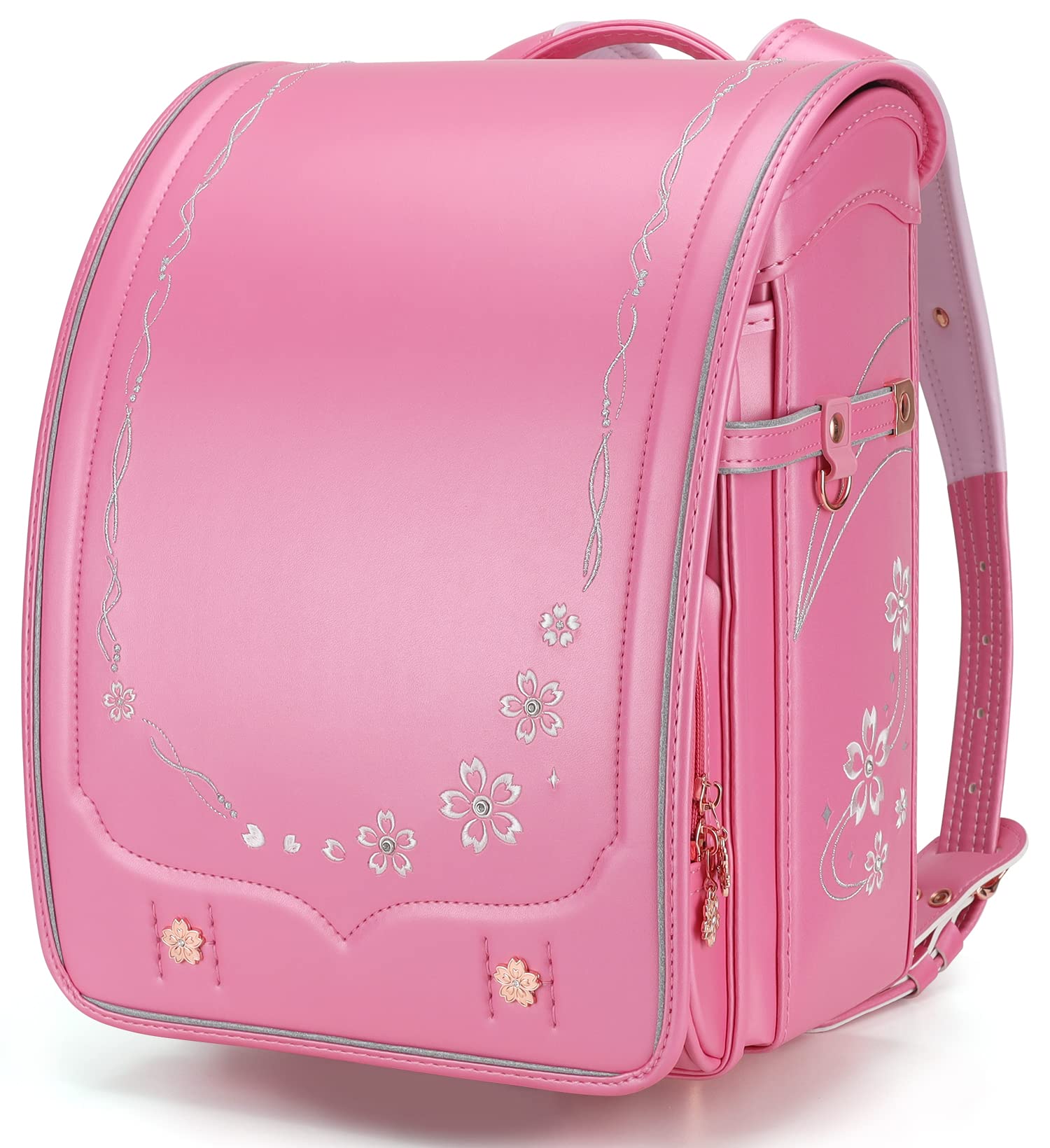 IwaiLoft Ransel Randoseru Backpack Automatic Satchel Japanese School Bag Cherry Blossom Sakura Embroidery PU Bookbag for Girls (Pink)
