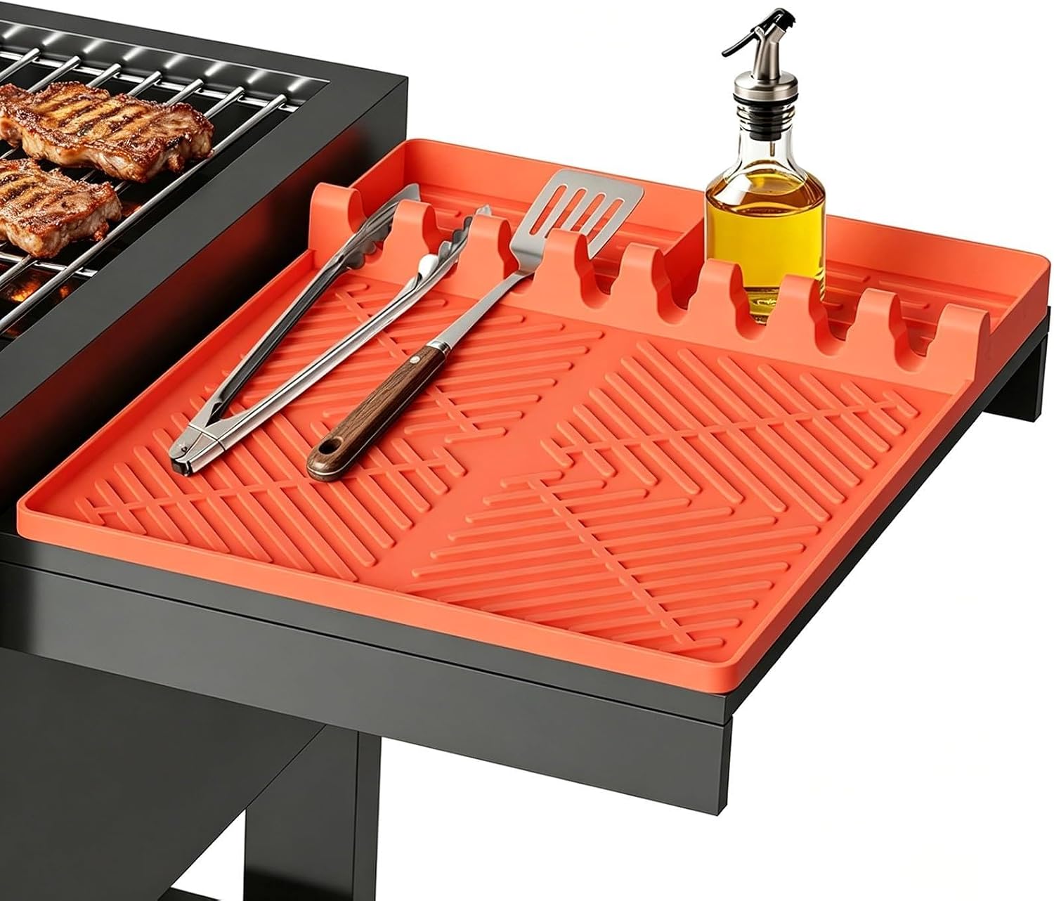 Thickened 16x11.5 Silicone Mat for Blackstone Griddle, Non-Slip Spatula Holder Mat with Grease Drip Pad, Heat Resistant Outdoor Counter BBQ Accessory, Ideal Gifts for Men, Orange
