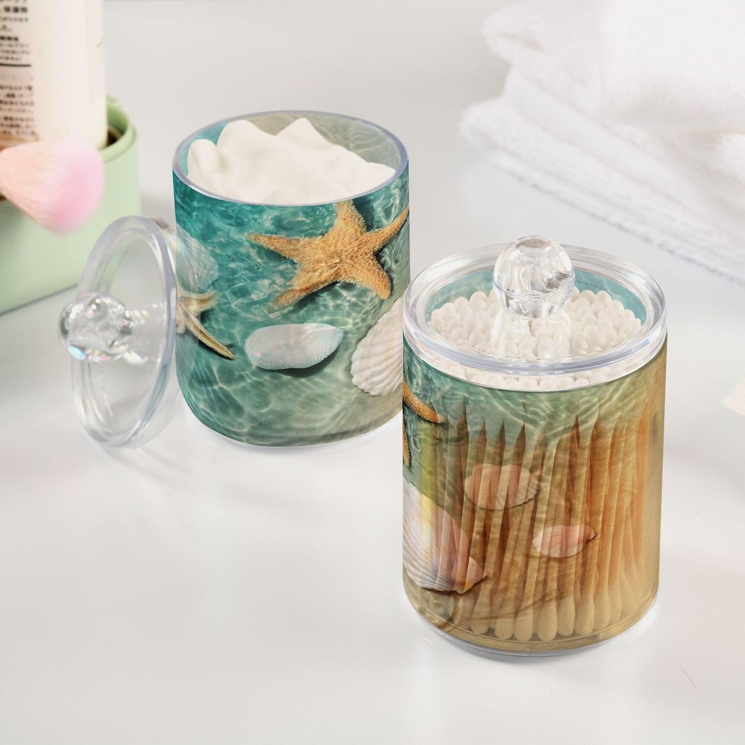 2 Pack Sandy Beach Qtip Holder Apothecary Jars with Lids, Clear Apothecary Jar Food Storage Container for Tea, Coffee, Cotton Balls, Dental Floss image 5