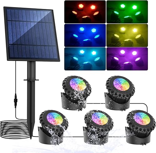 T-SUN Luz solar para estanque, luces LED superbrillantes que cambian de color, luces solares RGB sumergibles IP68, impermeable, para acuario,