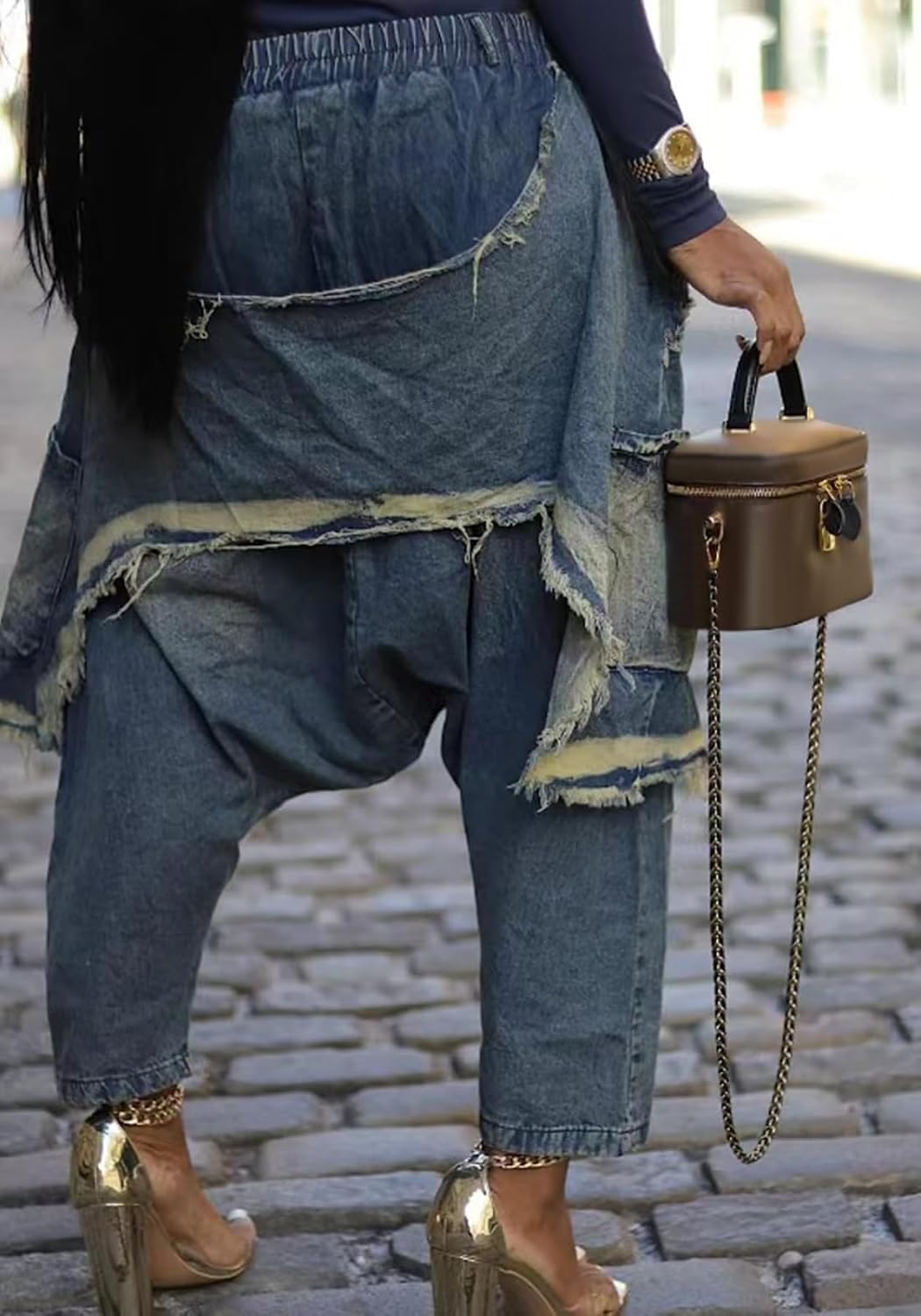 Womens Baggy Harem Jeans Hippie Patchwork Cargo Denim Pants Casual Elastic Waist Wide Leg Jogger Trousers - Image 4