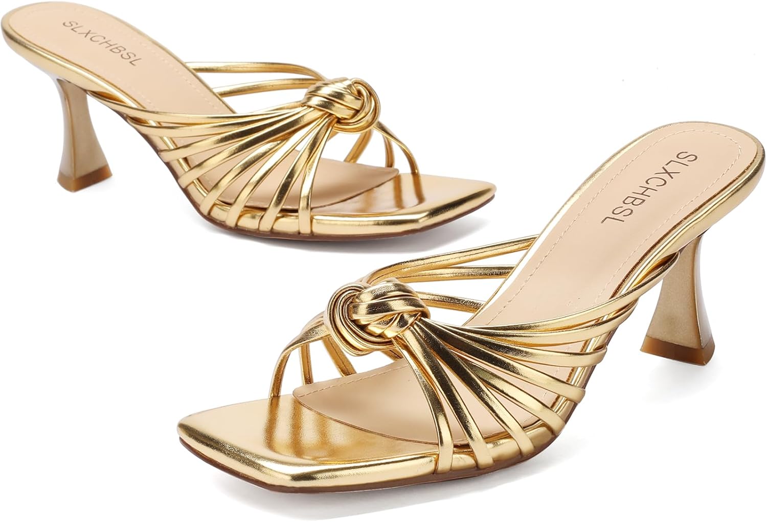 Strappy Kitten Heels for Women Knotted Square Open Toe Sandals Slip On Heels for Party Wedding Holiday - Image 4