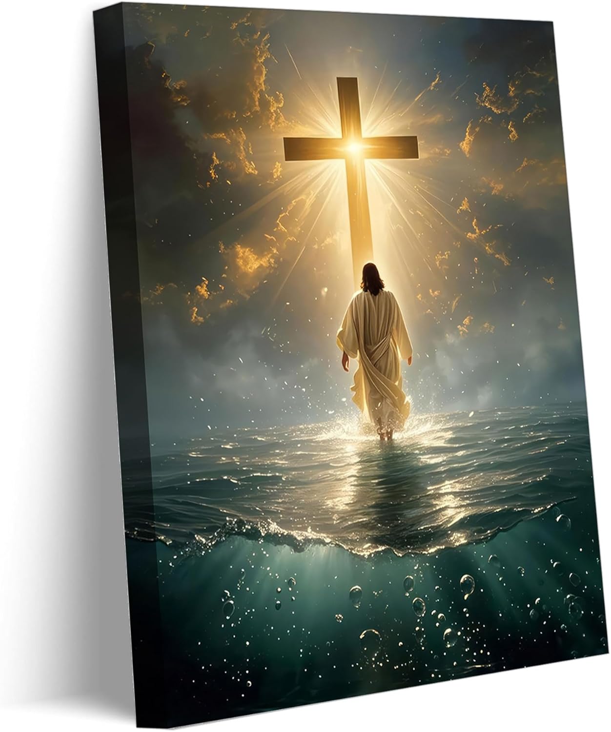 Jesus Walking On Water Canvas Wall Art Jesus Christ Wall Decor Picture Christianity Cross Poster Print Painting for Living Room Bedroom Prayer Room Home Decorate Prepare To Hang
