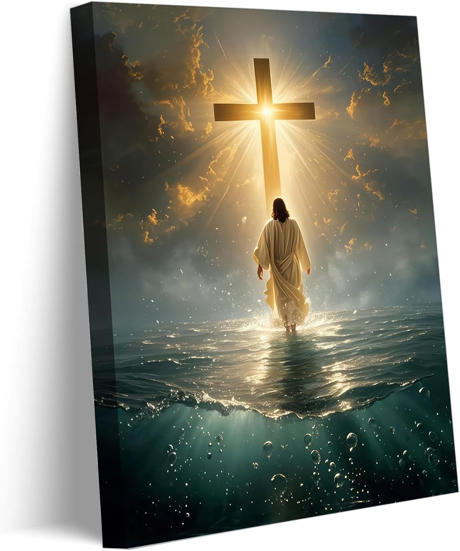 Jesus Walking On Water Canvas Wall Art Jesus Christ Wall Decor Picture Christianity Cross Poster Print Painting for Living Room Bedroom Prayer Room Home Decorate Prepare To Hang