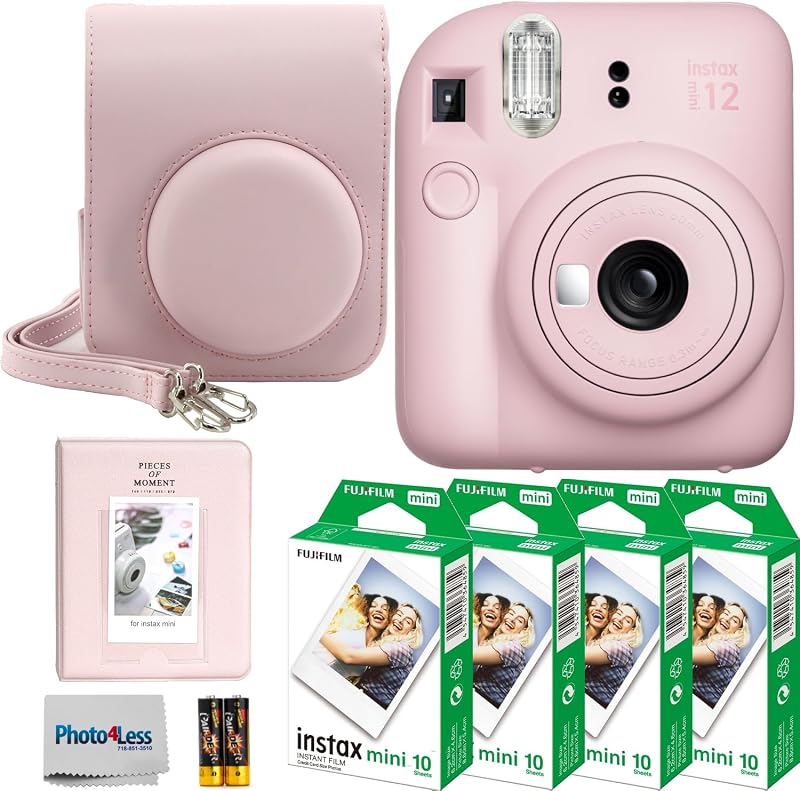 Cámara de película instantánea Fujifilm Instax Mini 12 (rosa flor) + película instantánea Fuji Instax Mini – 40 hojas + paquete de regalo de cámara instantánea