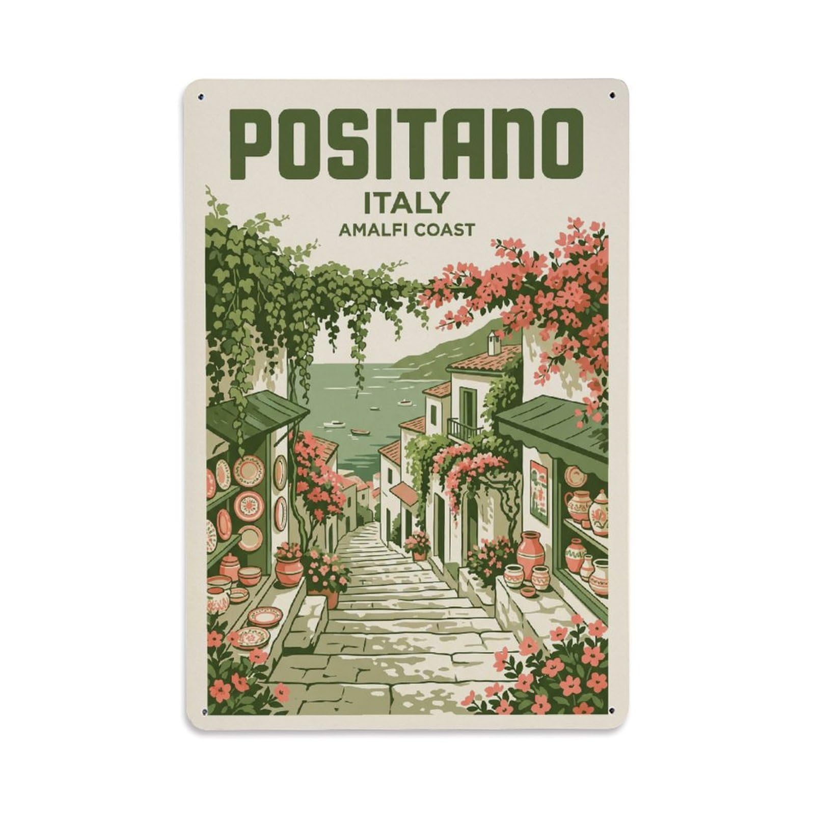 Vintage Travel Positano Italy Moss Metal Tin Sign Plaque Wall Decor for Cafe, Club Bar, Office, Garden Metal Poster 8x12Inch