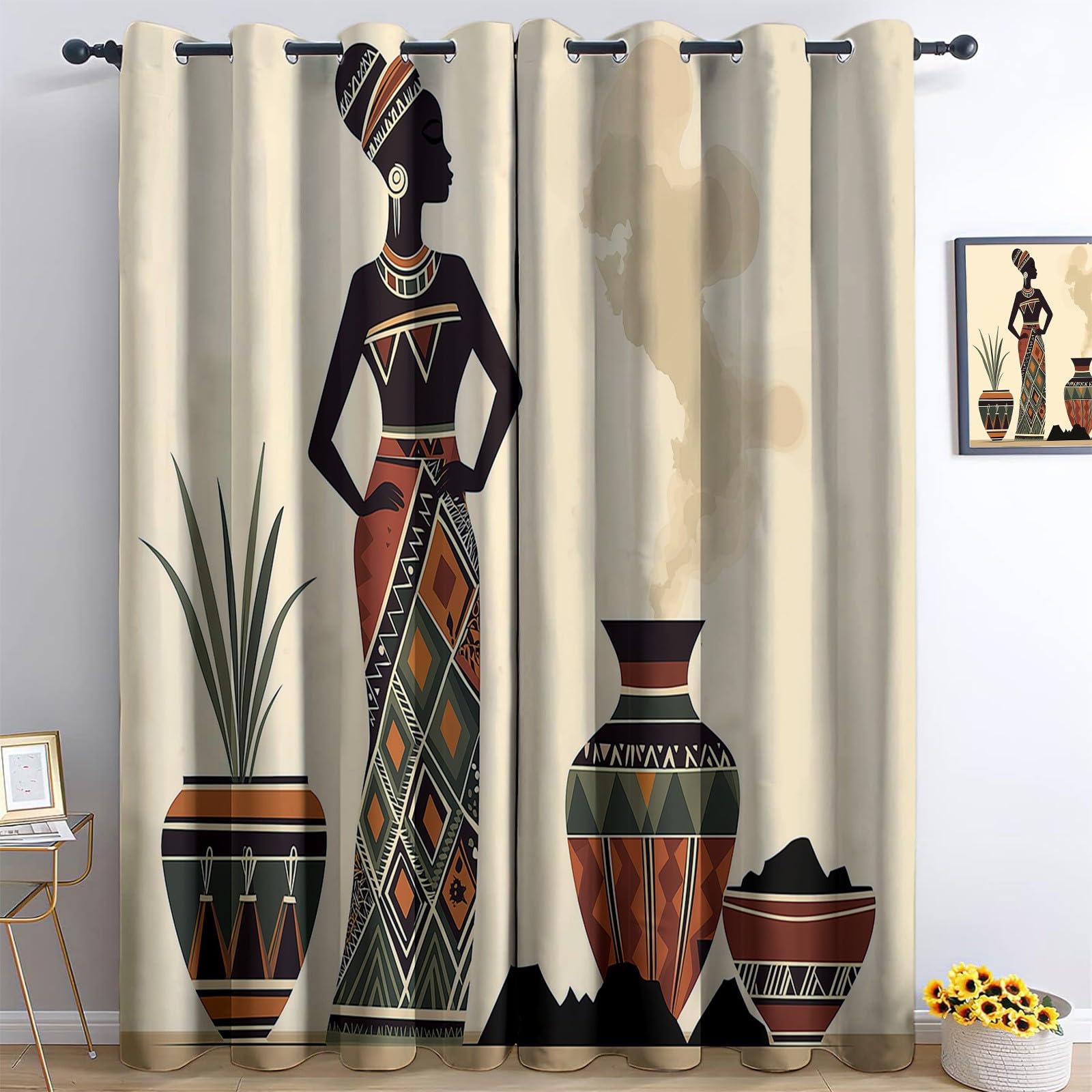 CozyRest Wohnzimmer Vorhänge Afrikanische Frau mit Vase Geometrie Ösen Gardinen mit Blickdichte Thermo Vorhang Kälteschutz Blackout Curtain Kinderzimmer Schlafzimmer Ösenvorhang H214 x B91.5 cm