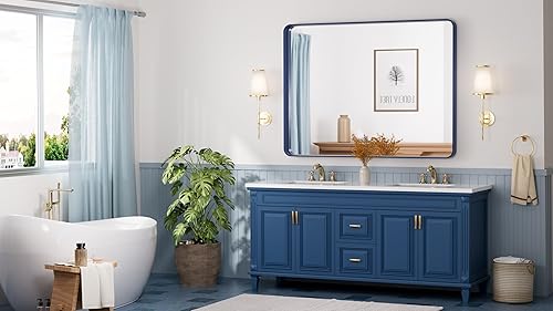 Miniatura 202 de TETOTE Espejo de 60 x 36 pulgadas para baño, espejo de tocador dorado de latón cepillado, espejo de pared grande rectangular con marco de metal Oro