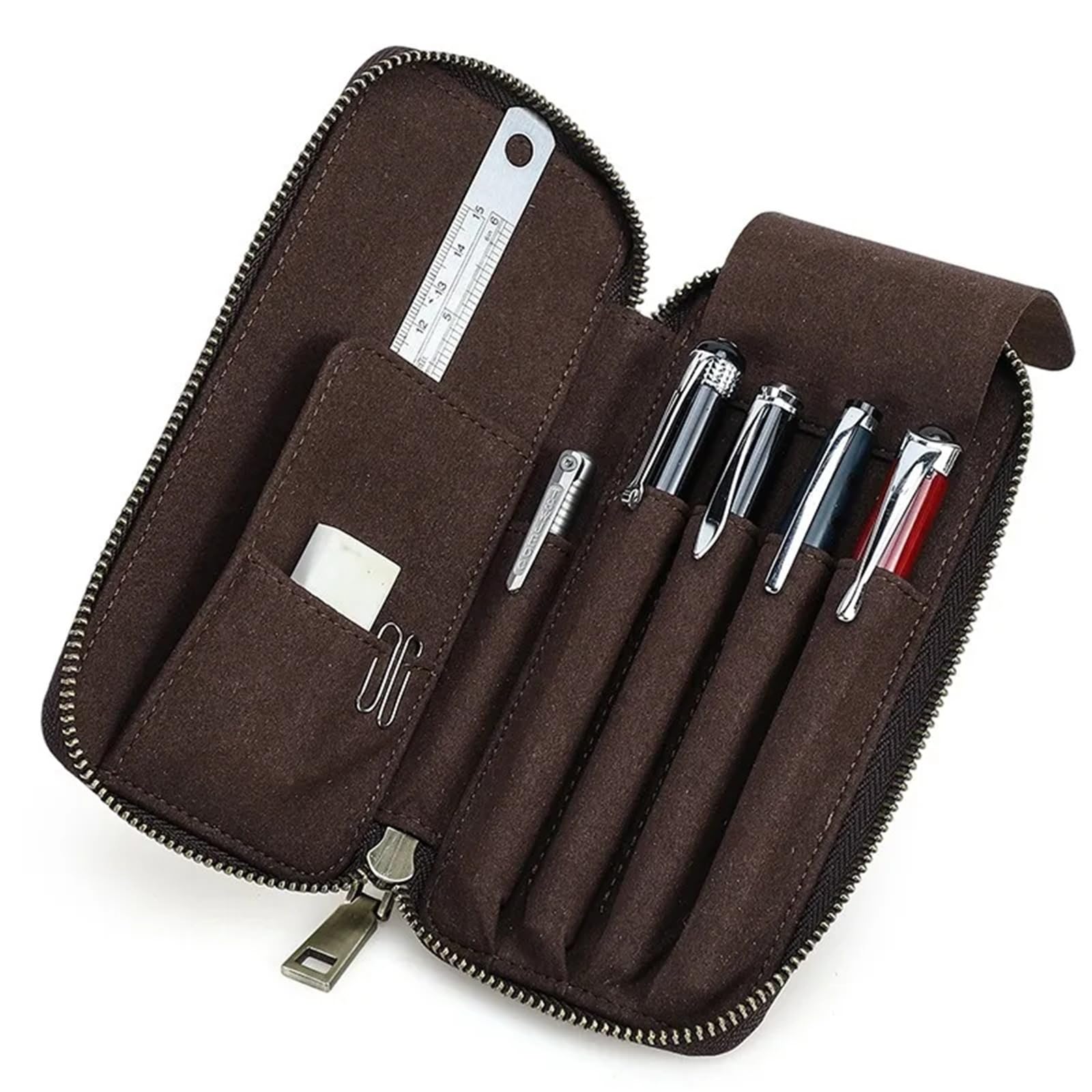 Estuche de Cuero con Cremallera Multifuncional for 4 lápices o bolígrafos. Ideal for Estudiantes.
