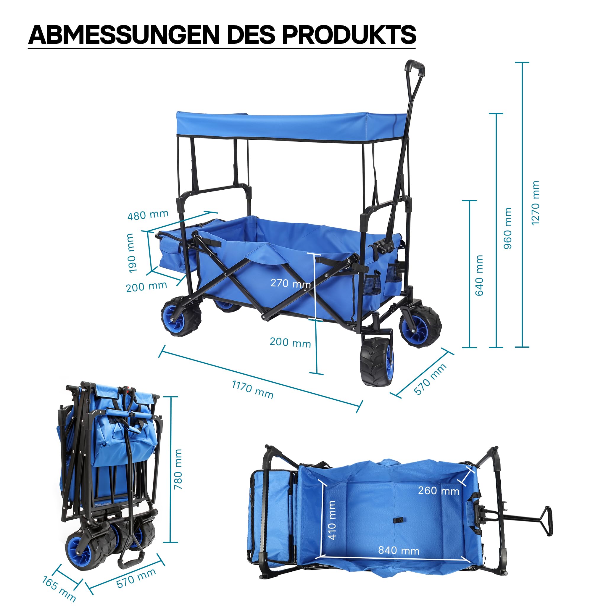 Wiltec Faltbarer Bollerwagen mit Sonnendach, Faltbollerwagen für max. 70 kg, Klappbollerwagen mit großer Ladefläche und Taschen, Offroad geeignet